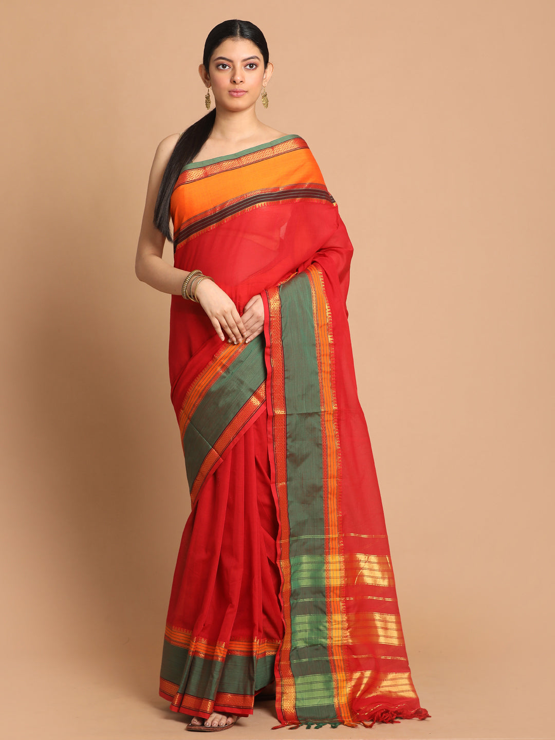 Indethnic Red Pure Cotton Solid Saree - View 1