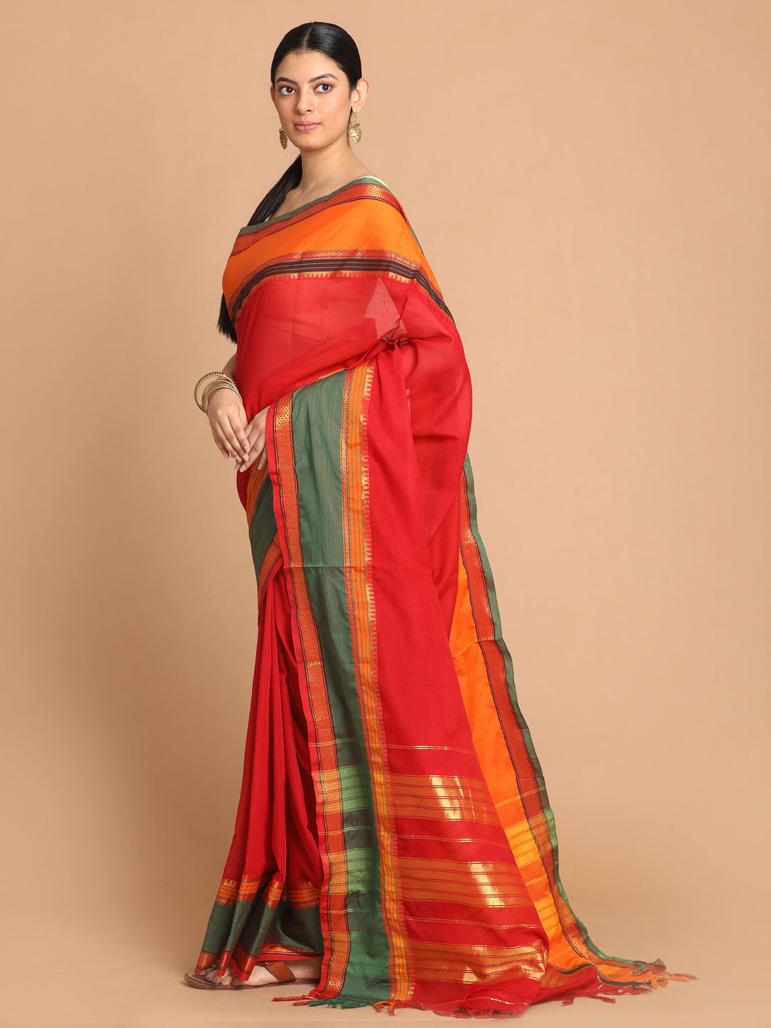 Indethnic Red Pure Cotton Solid Saree - View 2