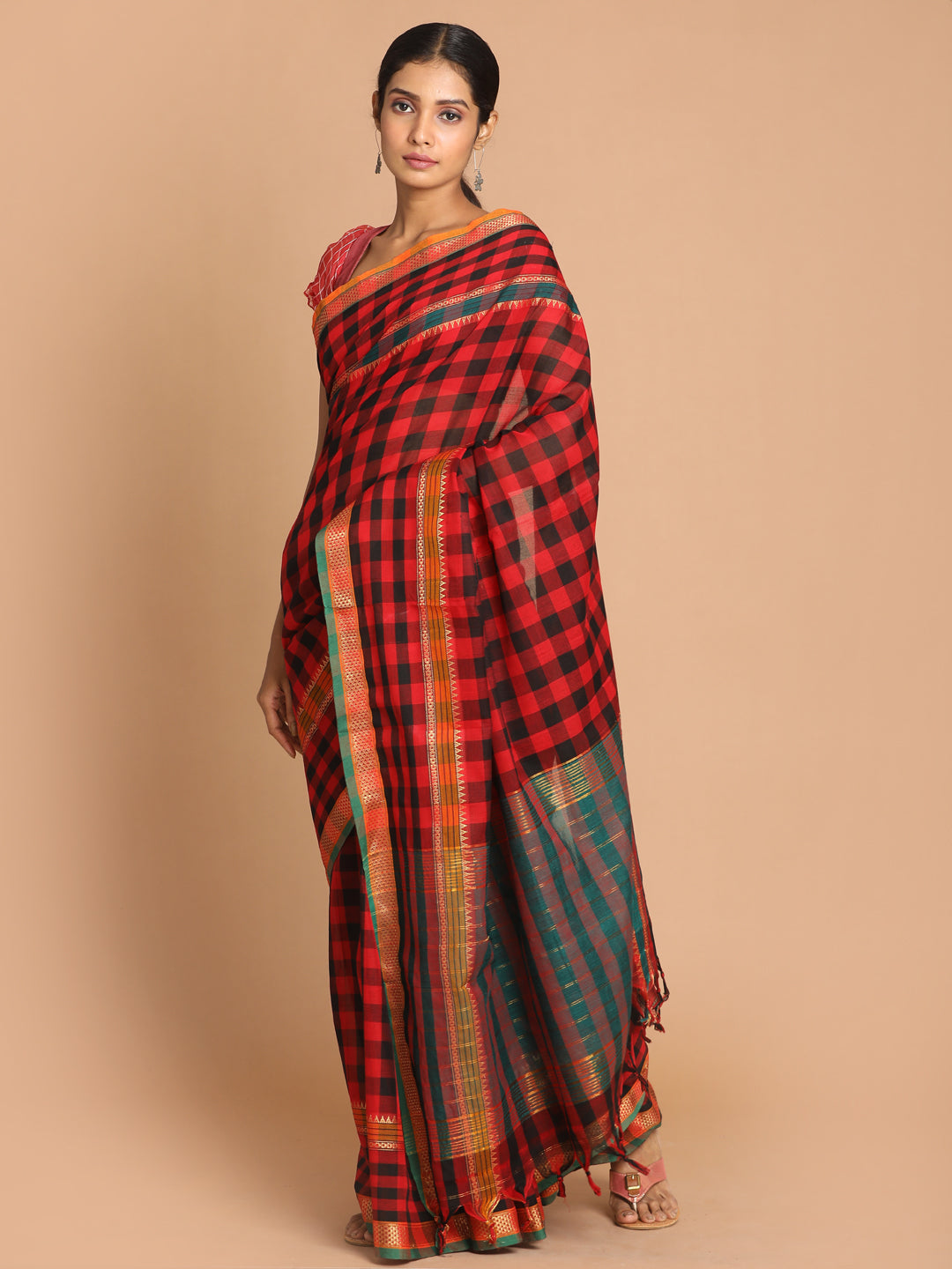 Indethnic Red Pure Cotton Solid Saree - View 1