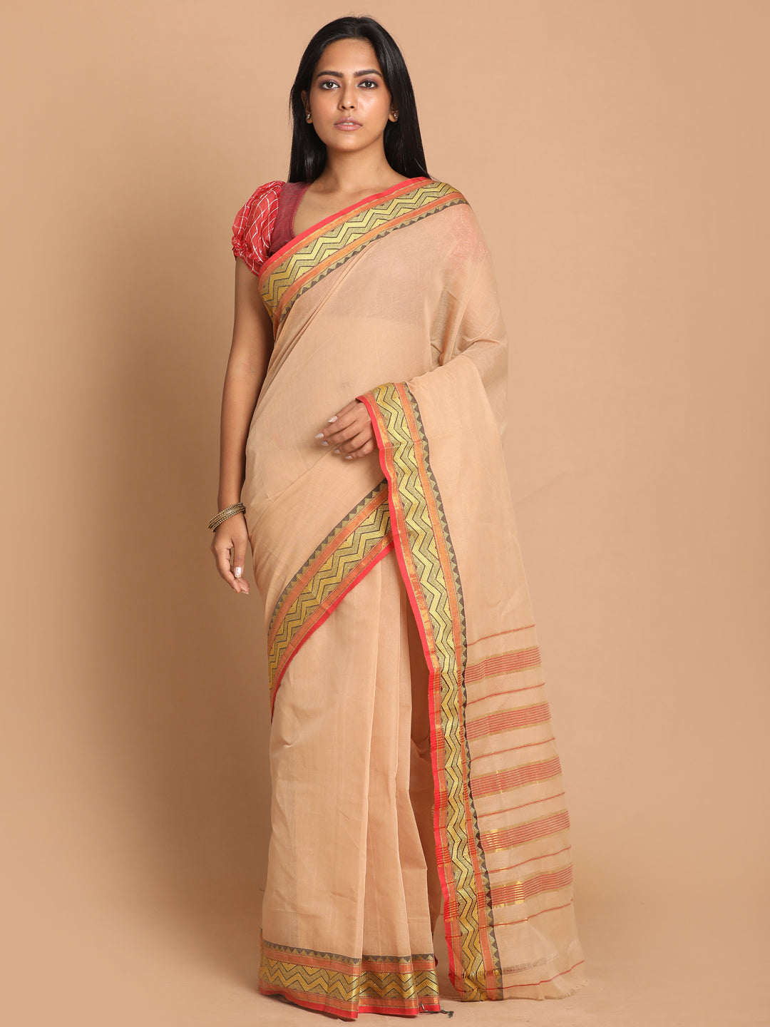 Indethnic Beige Pure Cotton Solid Saree - View 1