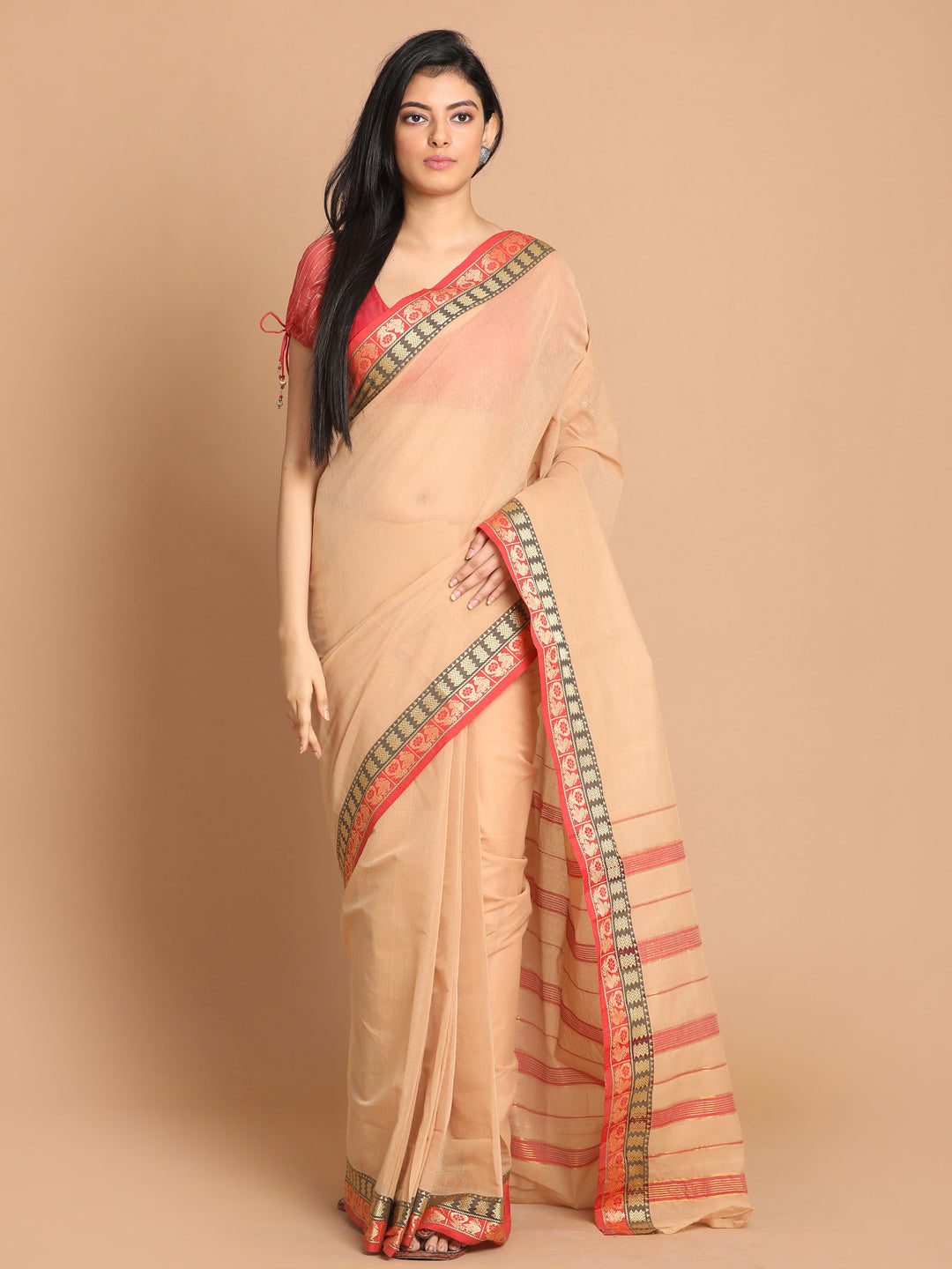 Indethnic Beige Pure Cotton Solid Saree - View 1