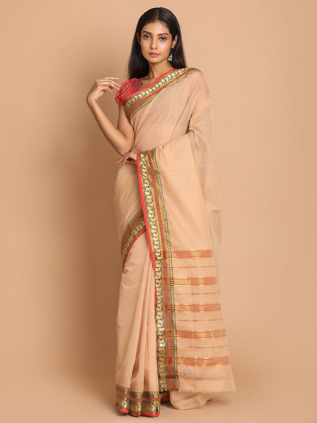 Indethnic Beige Pure Cotton Solid Saree - View 1