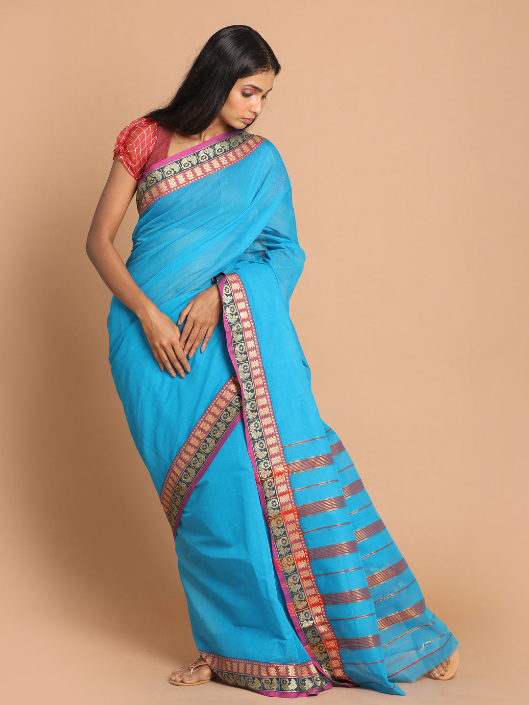 Indethnic Blue Pure Cotton Solid Saree - View 1