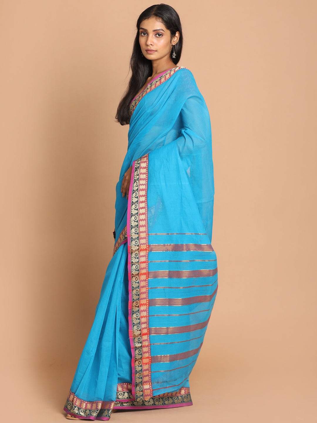 Indethnic Blue Pure Cotton Solid Saree - View 2