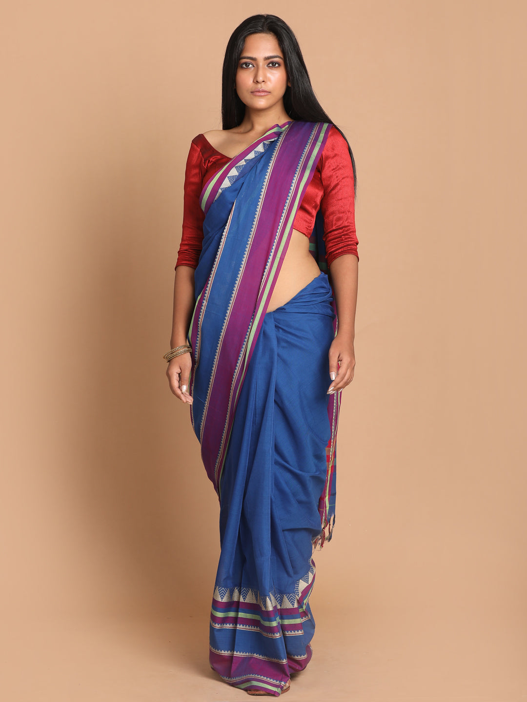 Indethnic Blue Pure Cotton Solid Saree - View 1