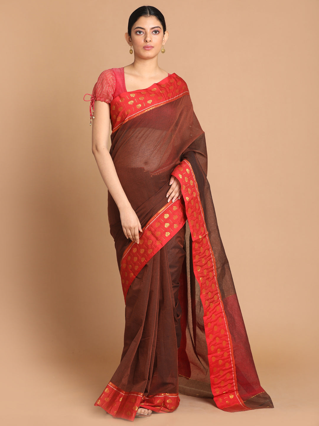 Indethnic Brown Pure Cotton Solid Saree - View 1