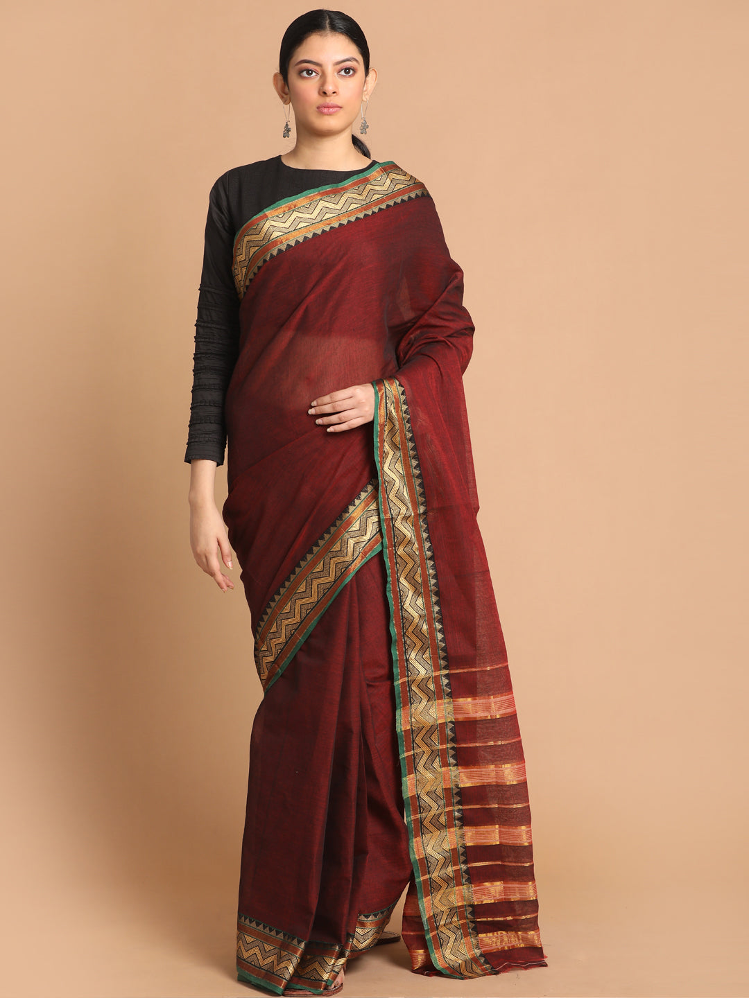 Indethnic Brown Pure Cotton Solid Saree - View 1