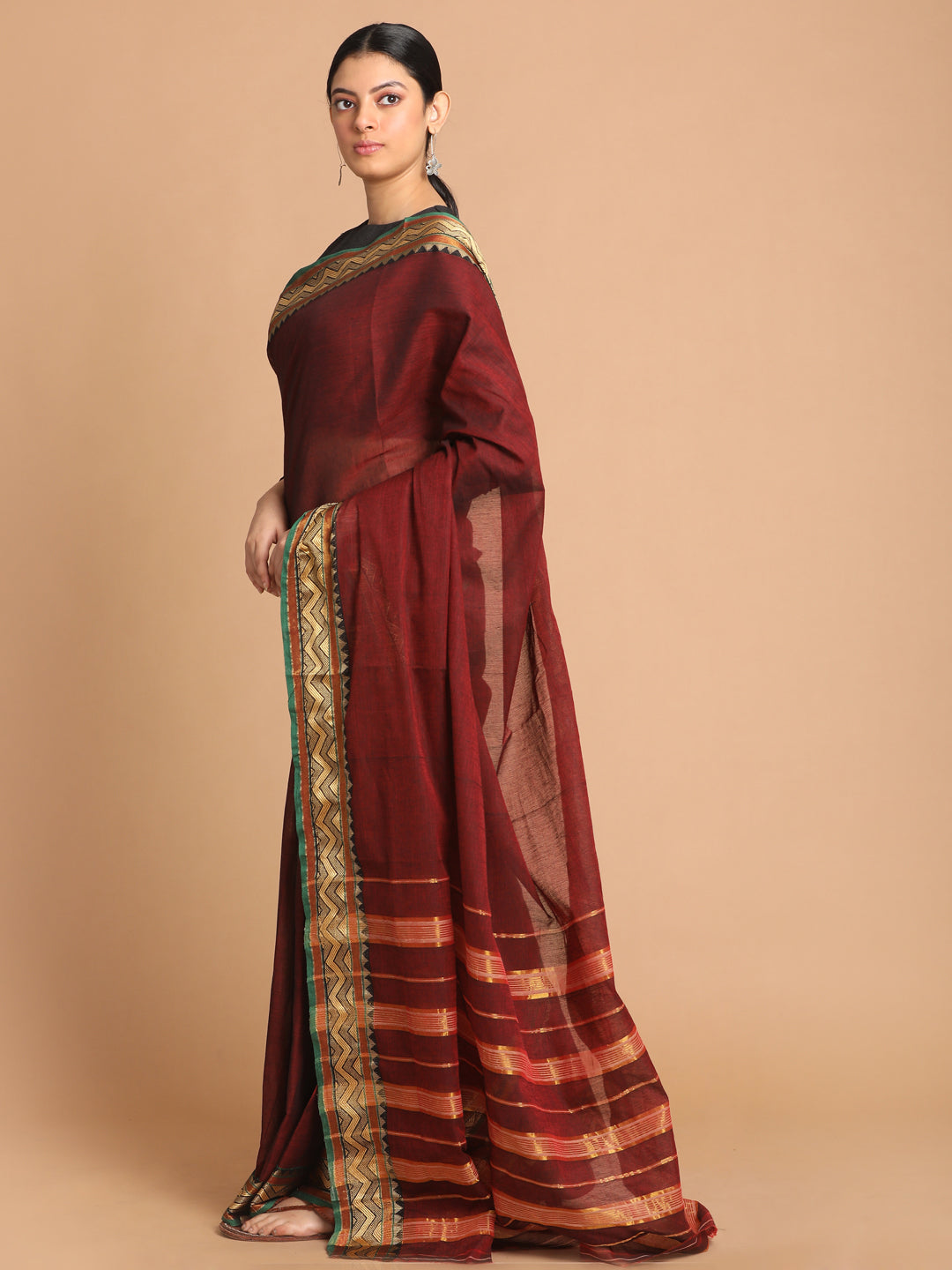 Indethnic Brown Pure Cotton Solid Saree - View 2