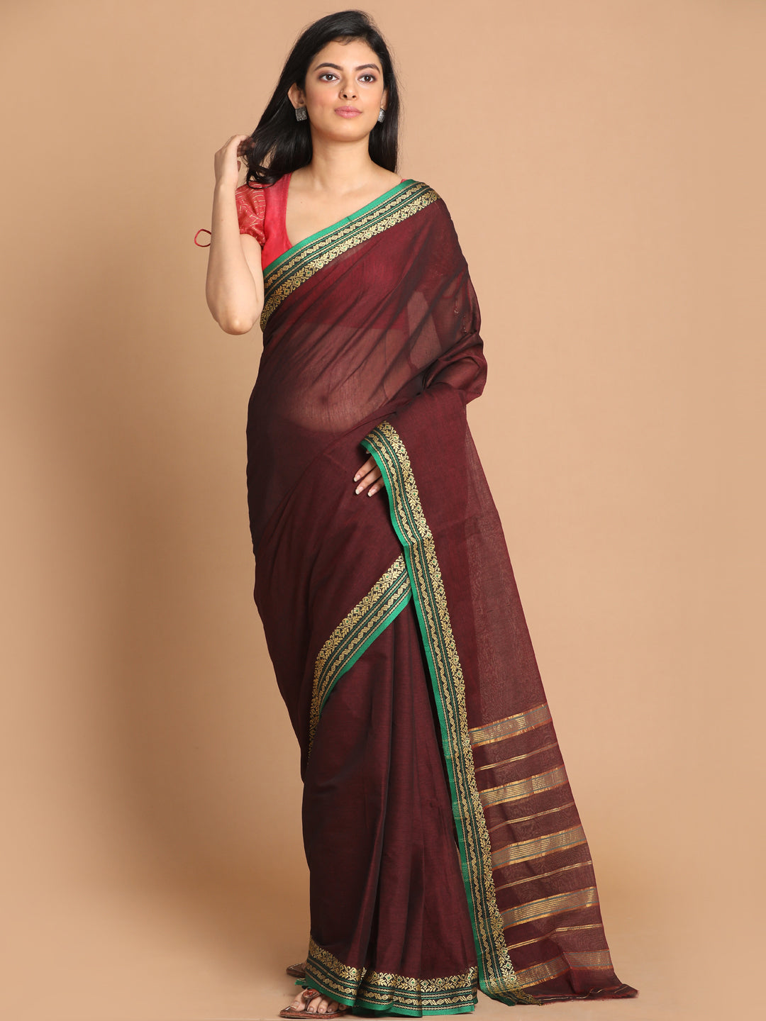 Indethnic Brown Pure Cotton Solid Saree - View 1