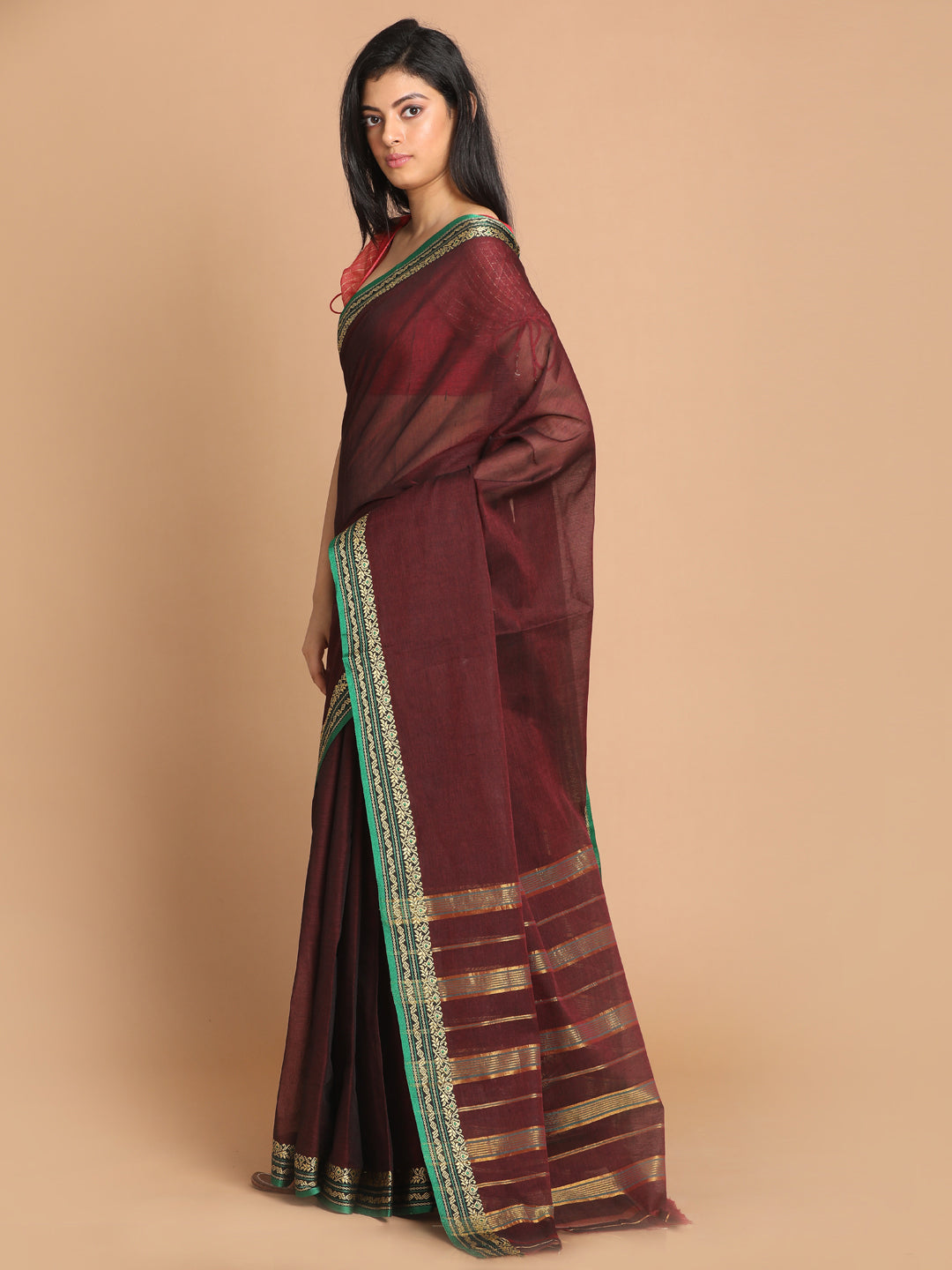 Indethnic Brown Pure Cotton Solid Saree - View 2