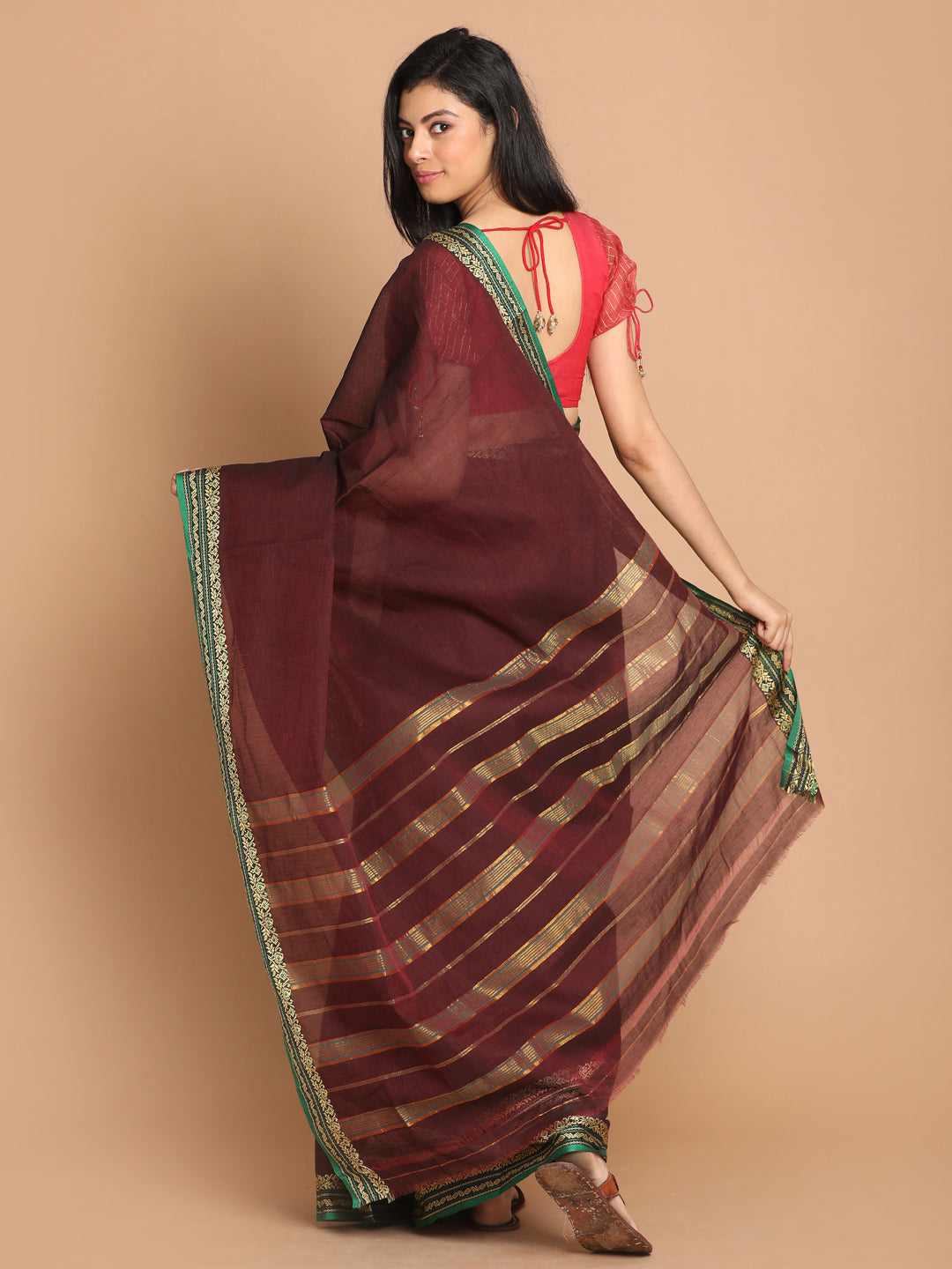 Indethnic Brown Pure Cotton Solid Saree - View 3