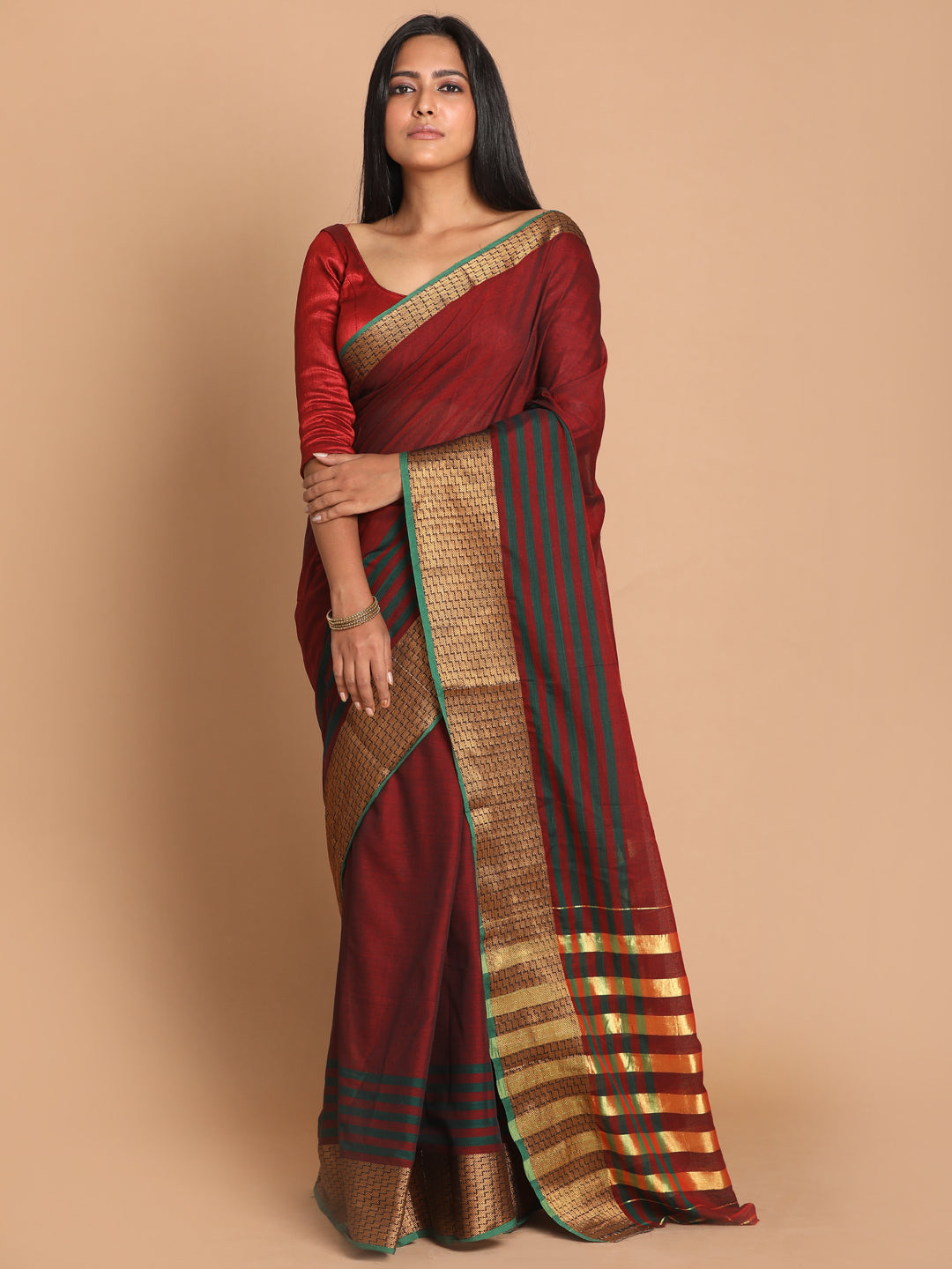 Indethnic Brown Pure Cotton Solid Saree - View 1