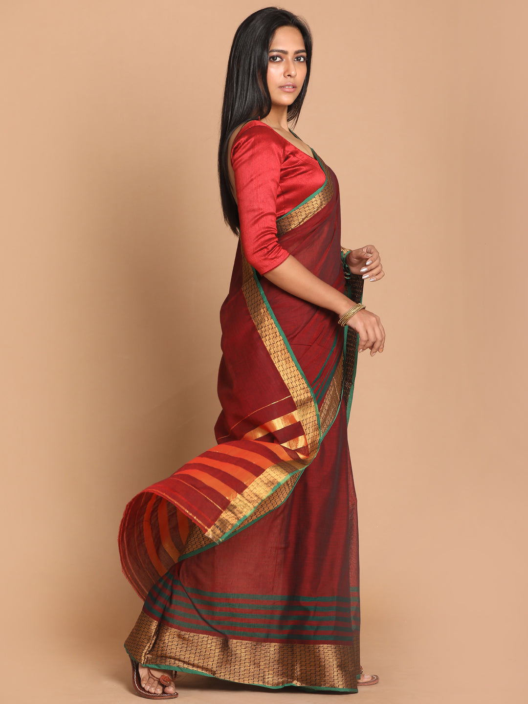 Indethnic Brown Pure Cotton Solid Saree - View 2