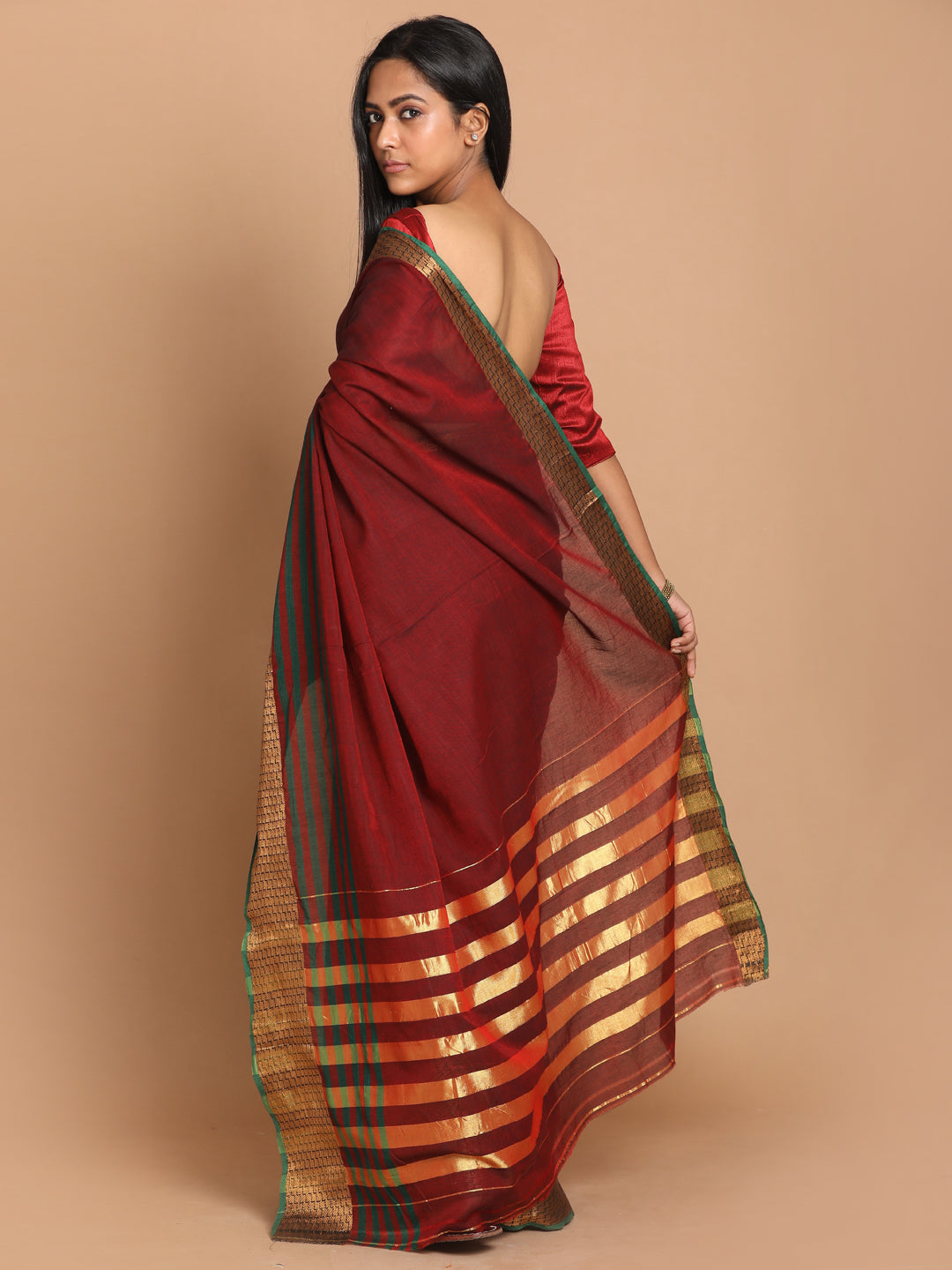 Indethnic Brown Pure Cotton Solid Saree - View 3