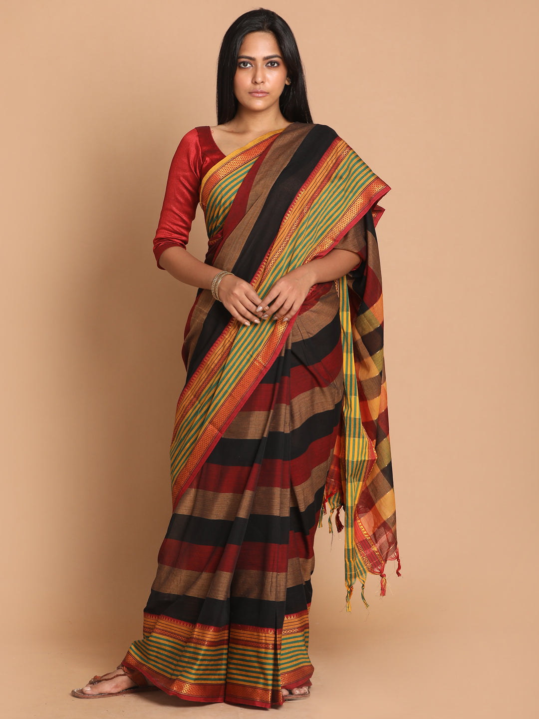 Indethnic Brown Pure Cotton Solid Saree - View 1