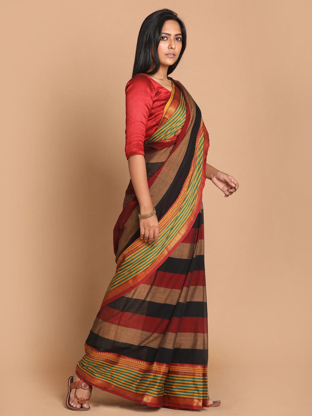 Indethnic Brown Pure Cotton Solid Saree - View 2