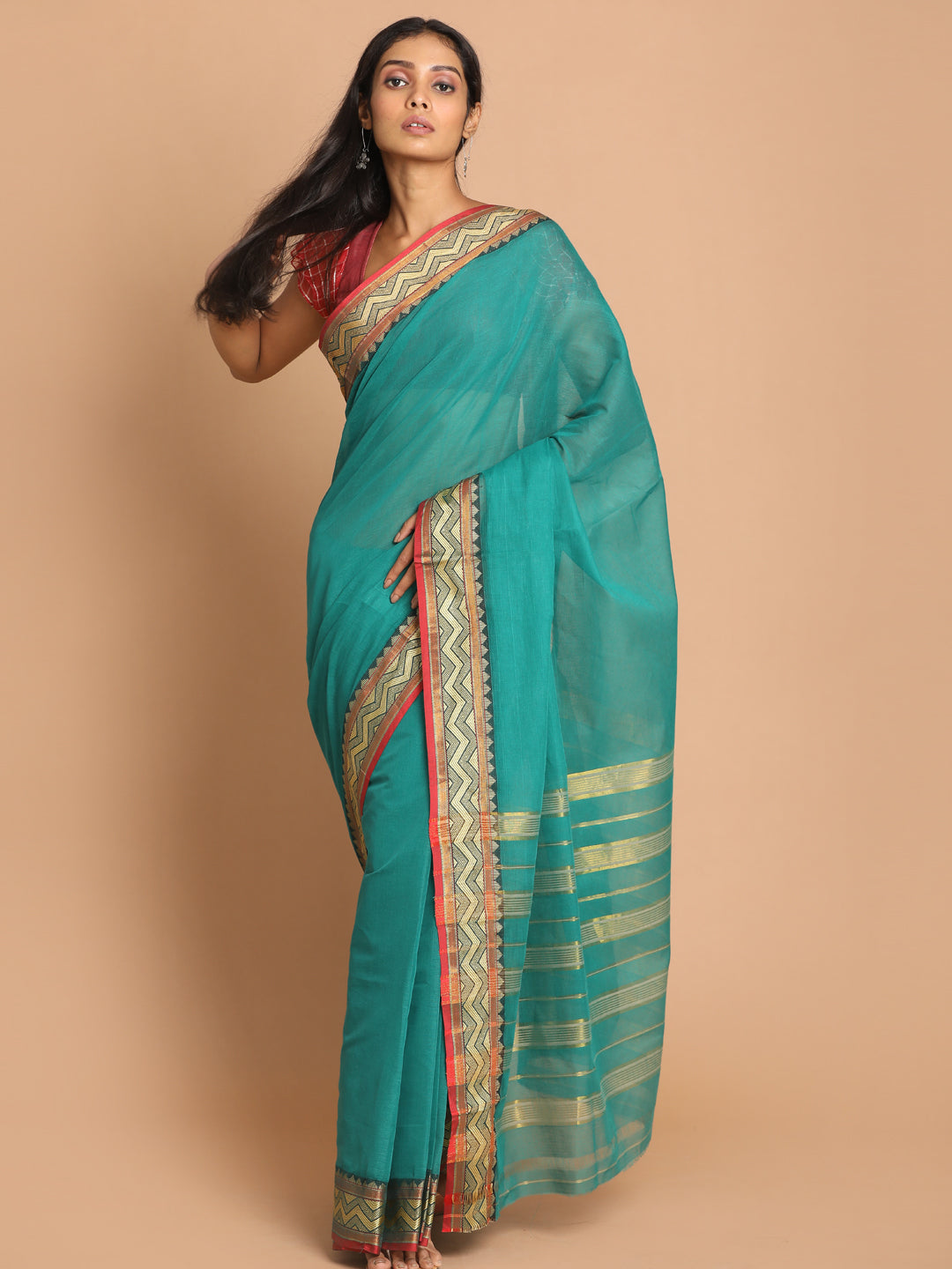 Indethnic Green Pure Cotton Solid Saree - View 1