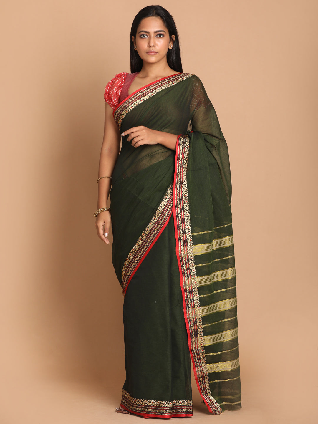 Indethnic Green Pure Cotton Solid Saree - View 1