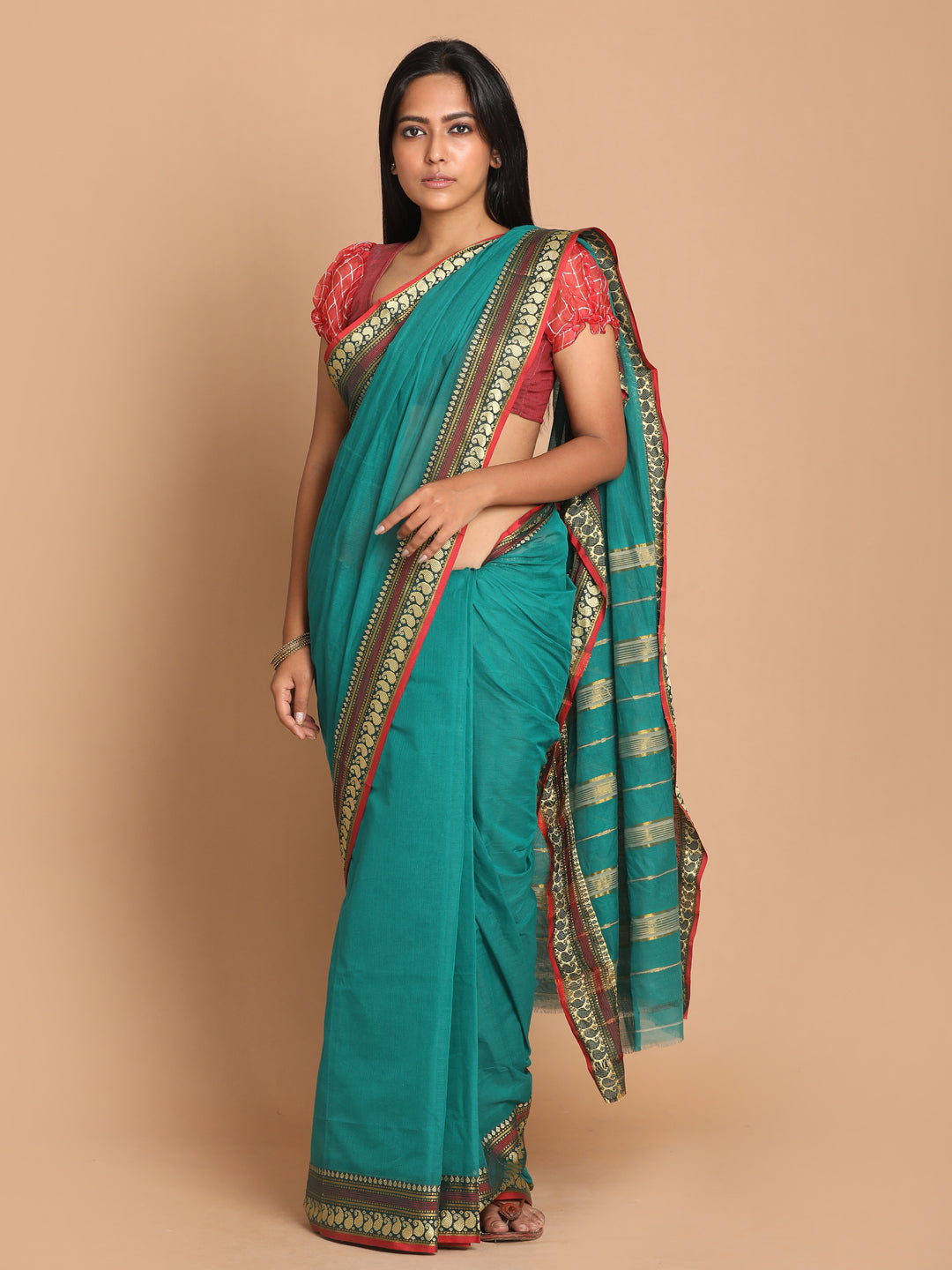 Indethnic Green Pure Cotton Solid Saree - View 1