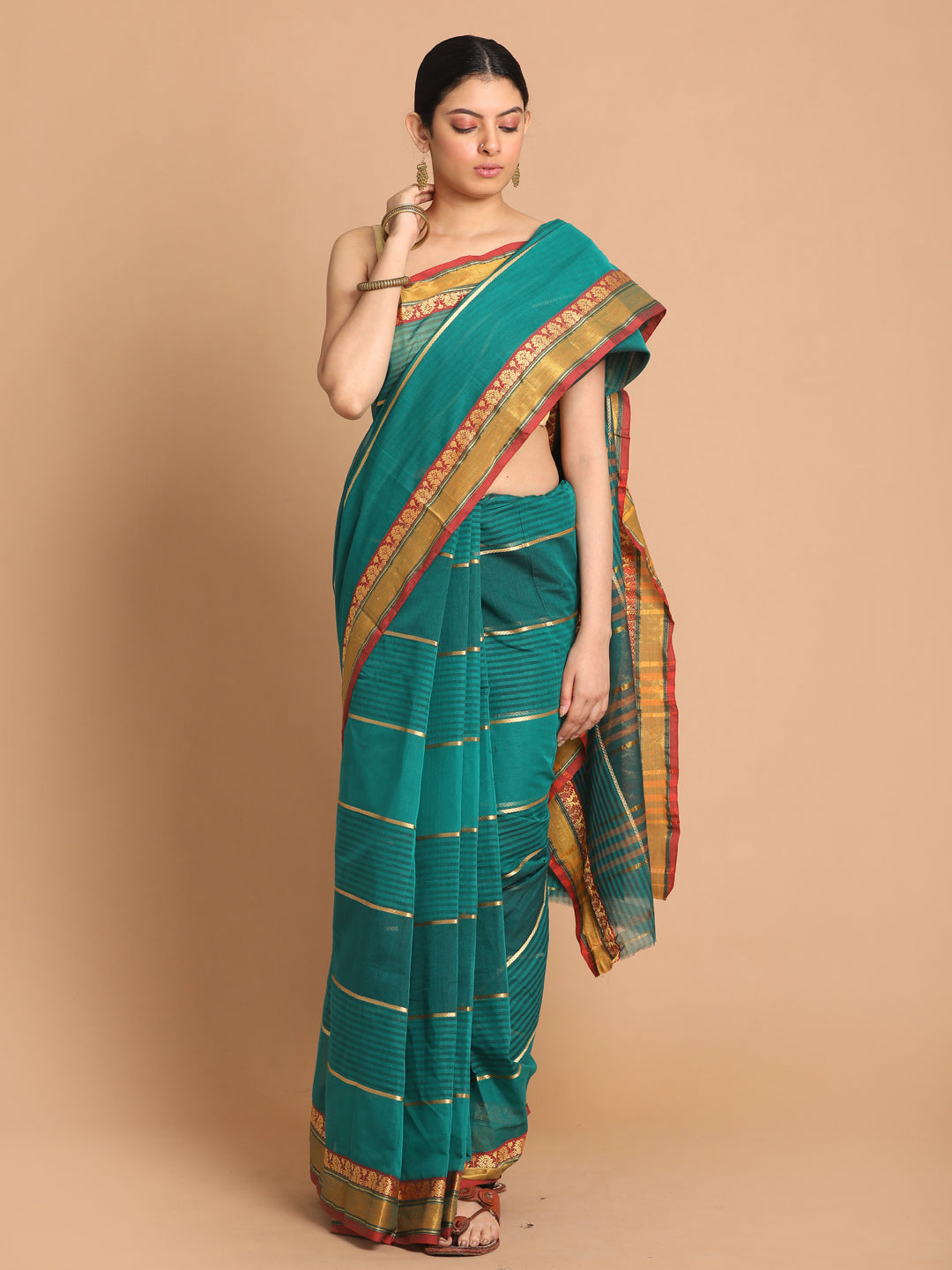 Indethnic Green Pure Cotton Woven Design Saree - View 1