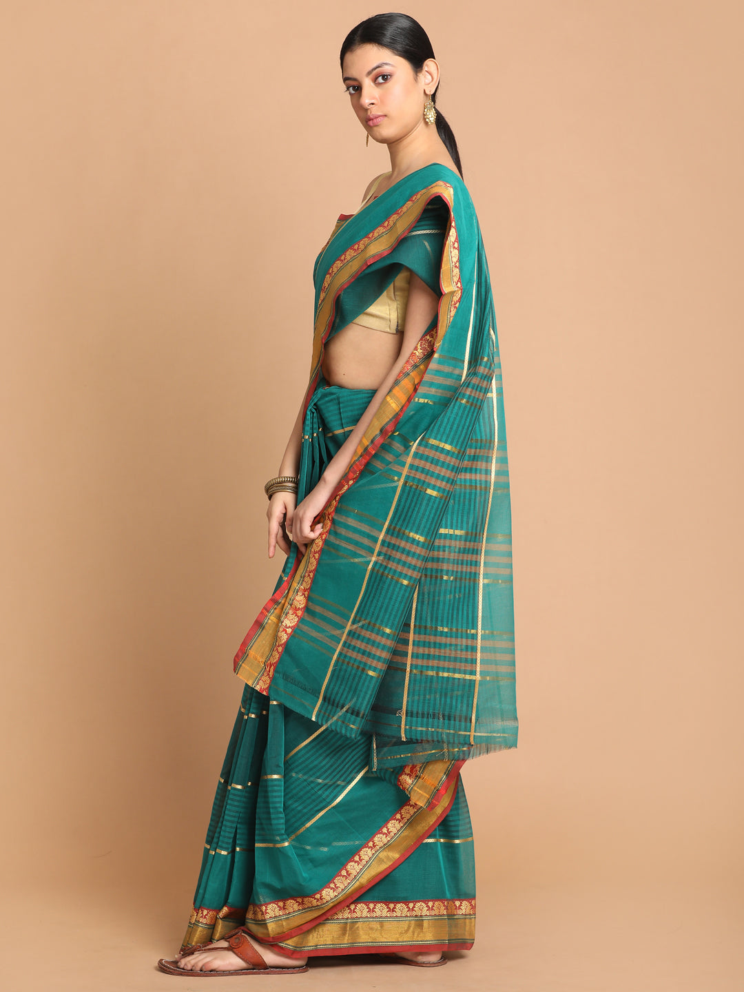 Indethnic Green Pure Cotton Woven Design Saree - View 2