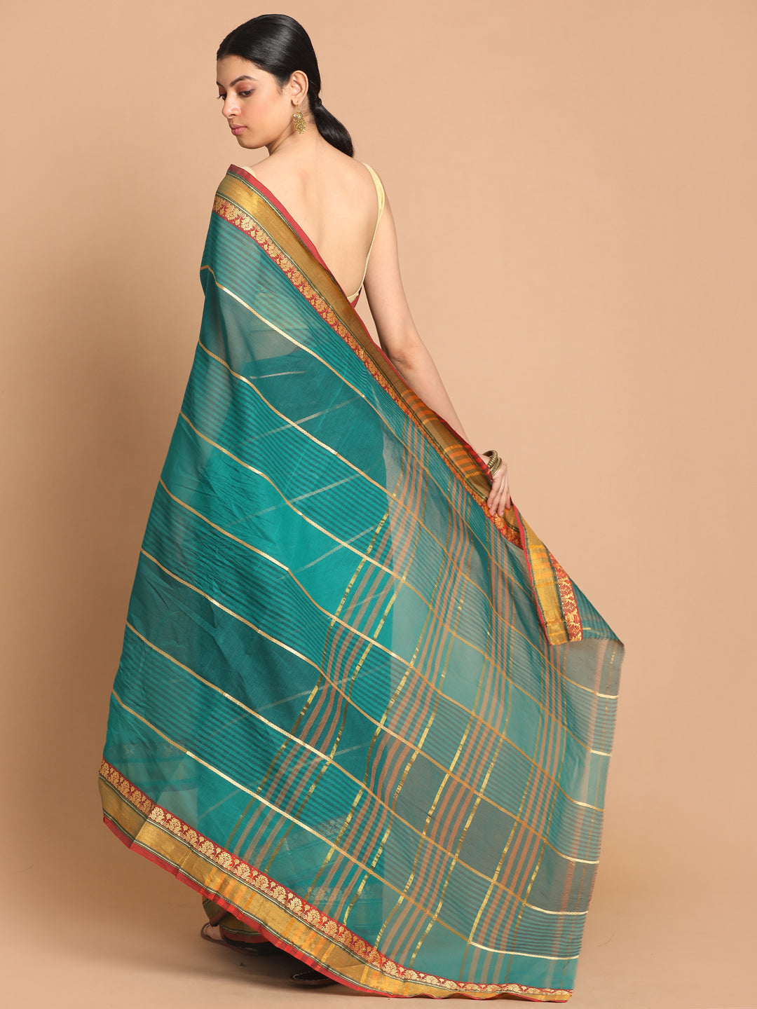 Indethnic Green Pure Cotton Woven Design Saree - View 3