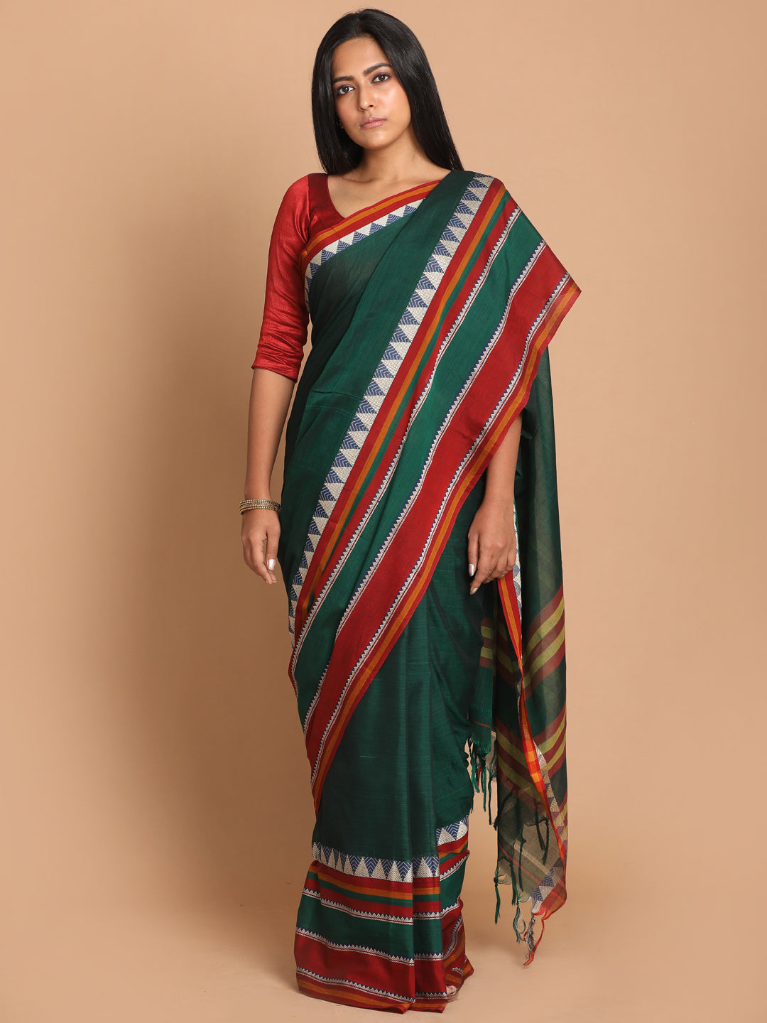 Indethnic Green Pure Cotton Solid Saree - View 1