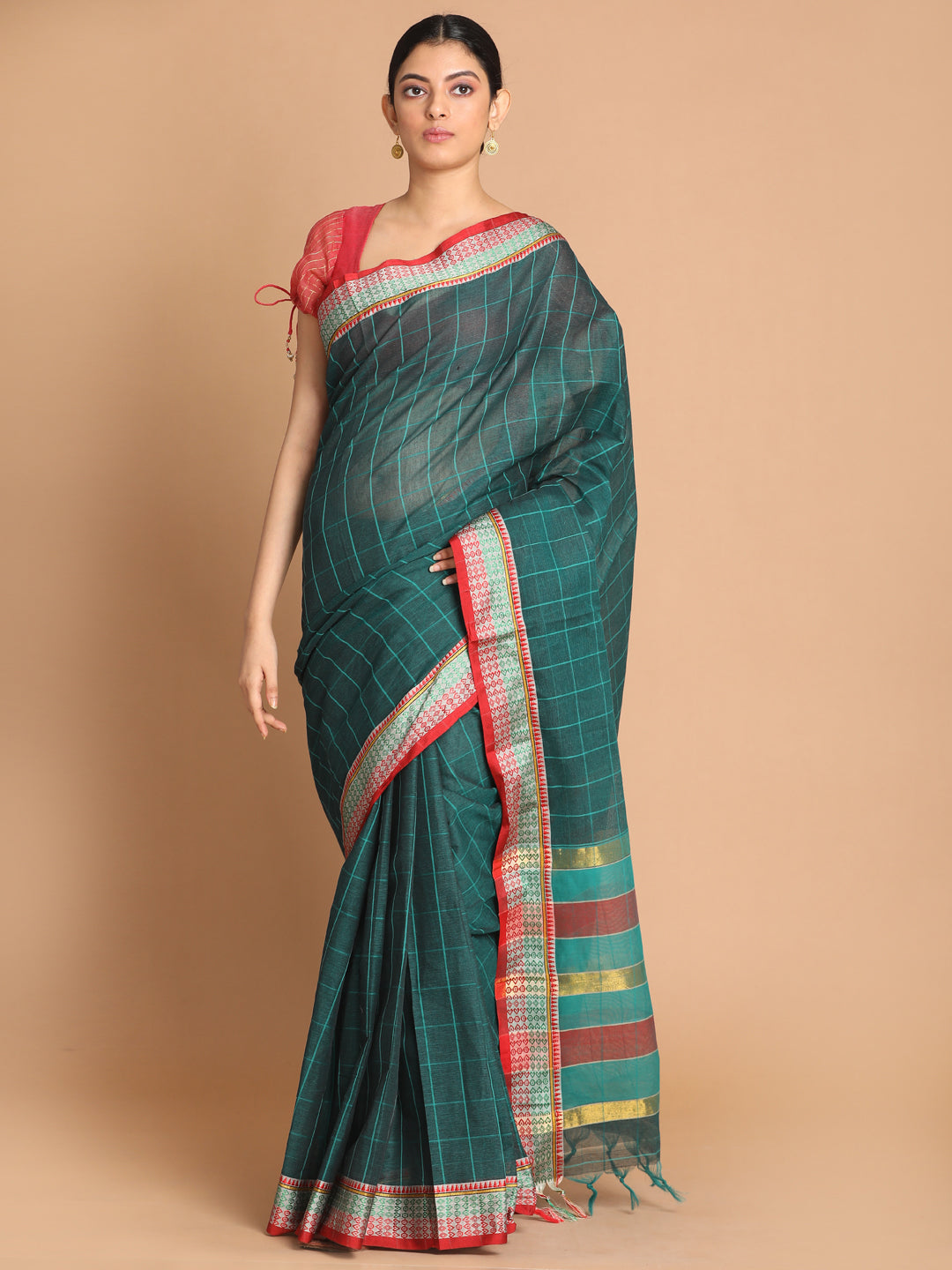Indethnic Green Pure Cotton Checked Saree - View 1