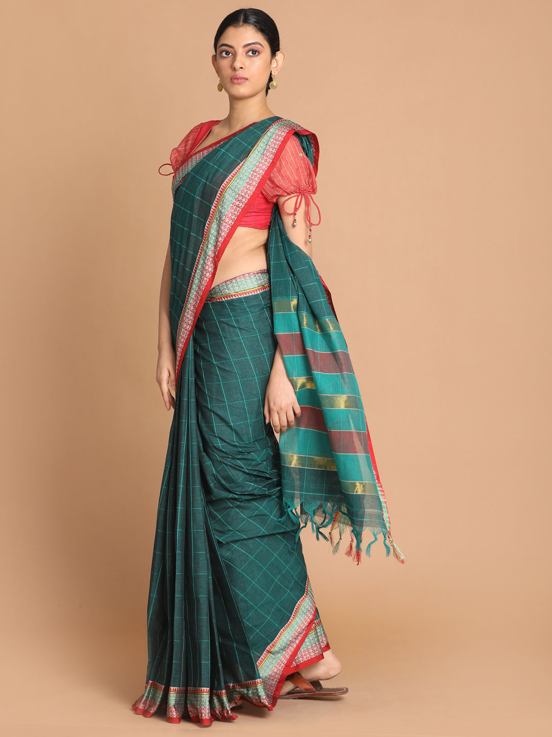 Indethnic Green Pure Cotton Checked Saree - View 2
