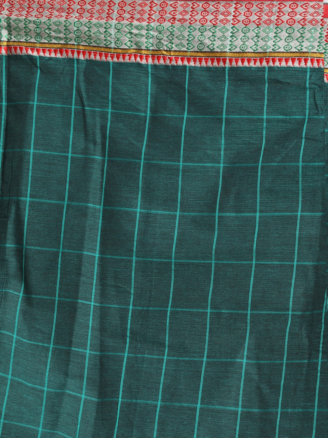 Indethnic Green Pure Cotton Checked Saree - Saree Detail View