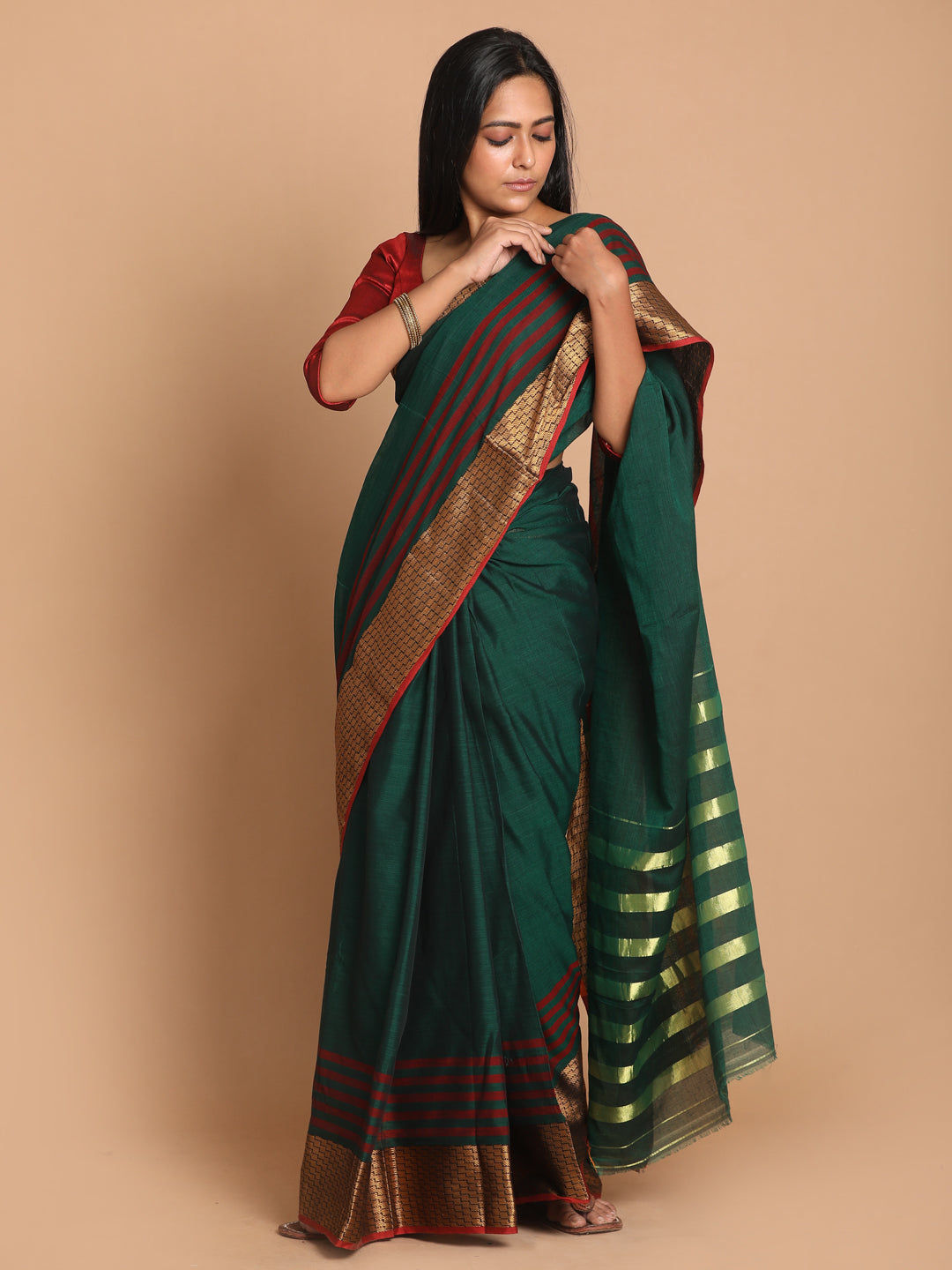 Indethnic Green Pure Cotton Solid Saree - View 1