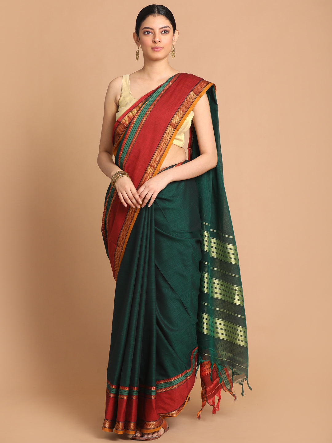 Indethnic Green Pure Cotton Solid Saree - View 1