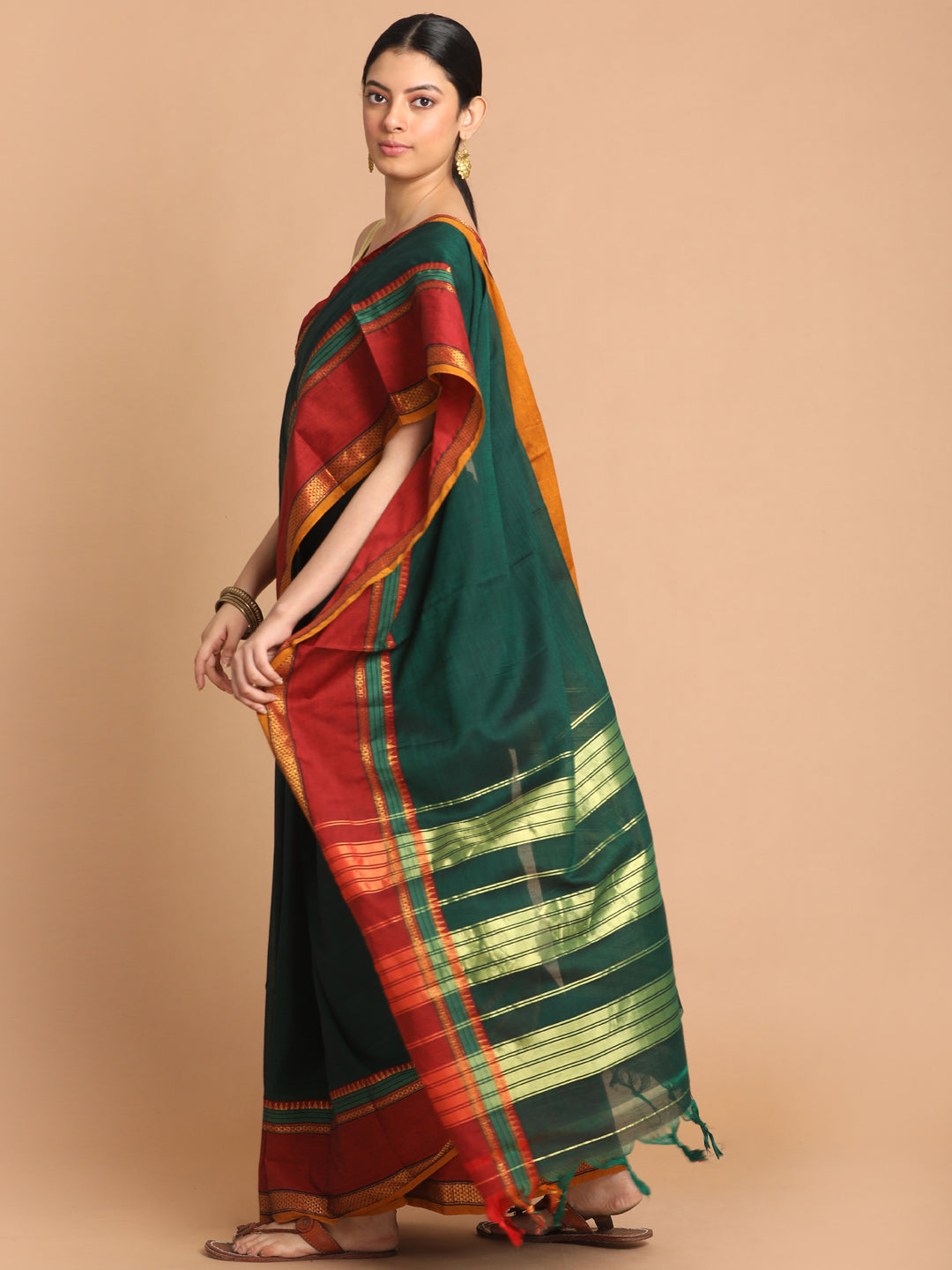 Indethnic Green Pure Cotton Solid Saree - View 1