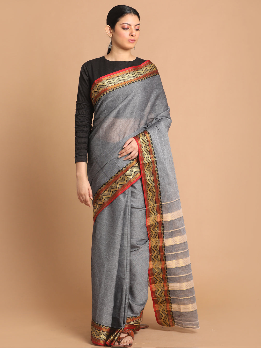 Indethnic Grey Pure Cotton Solid Saree - View 1