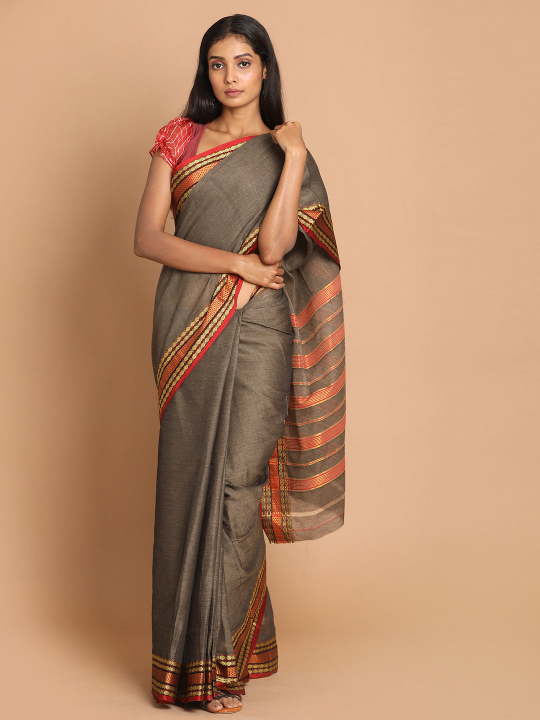 Indethnic Grey Pure Cotton Solid Saree - View 1