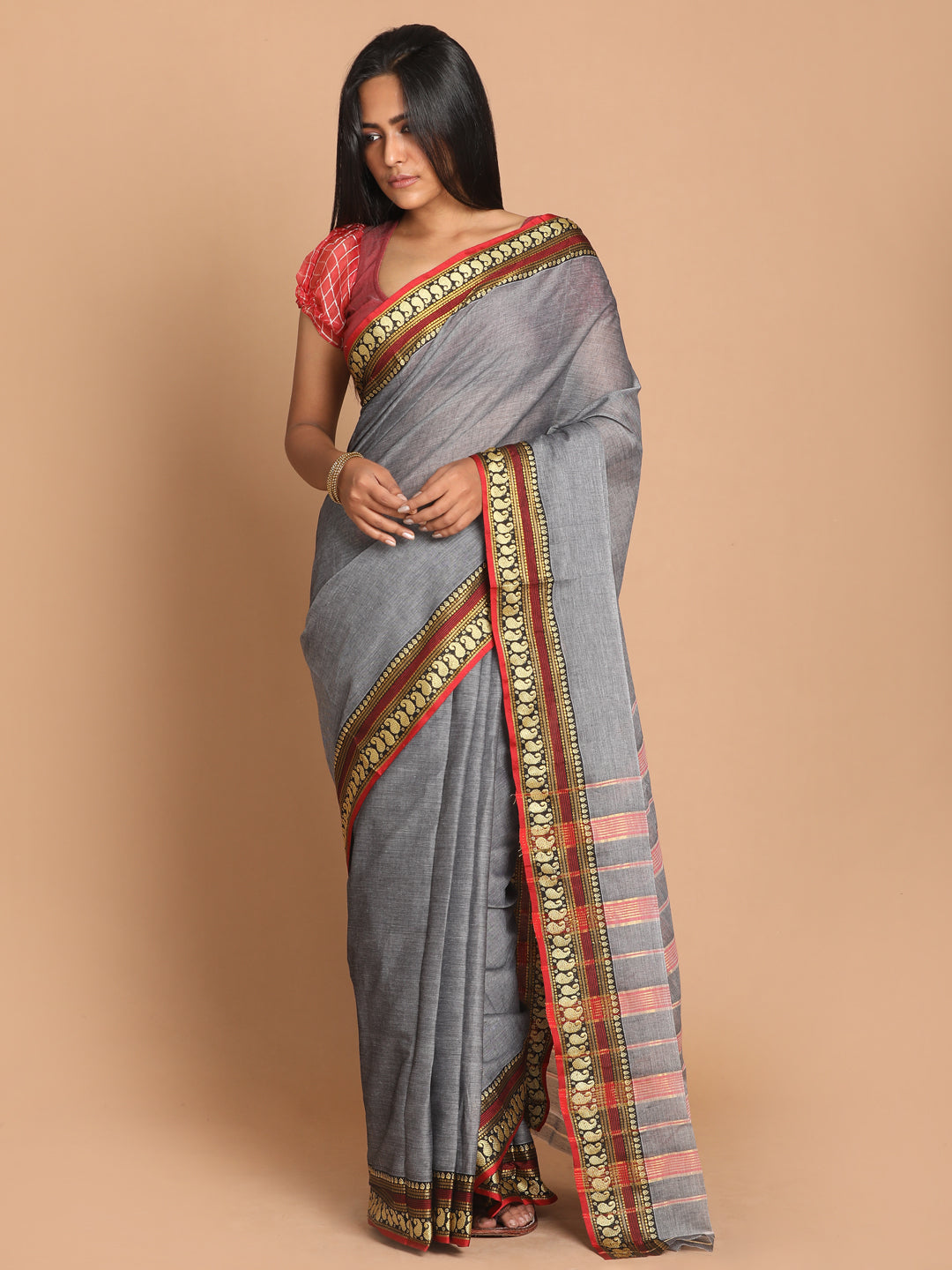 Indethnic Grey Pure Cotton Solid Saree - View 1