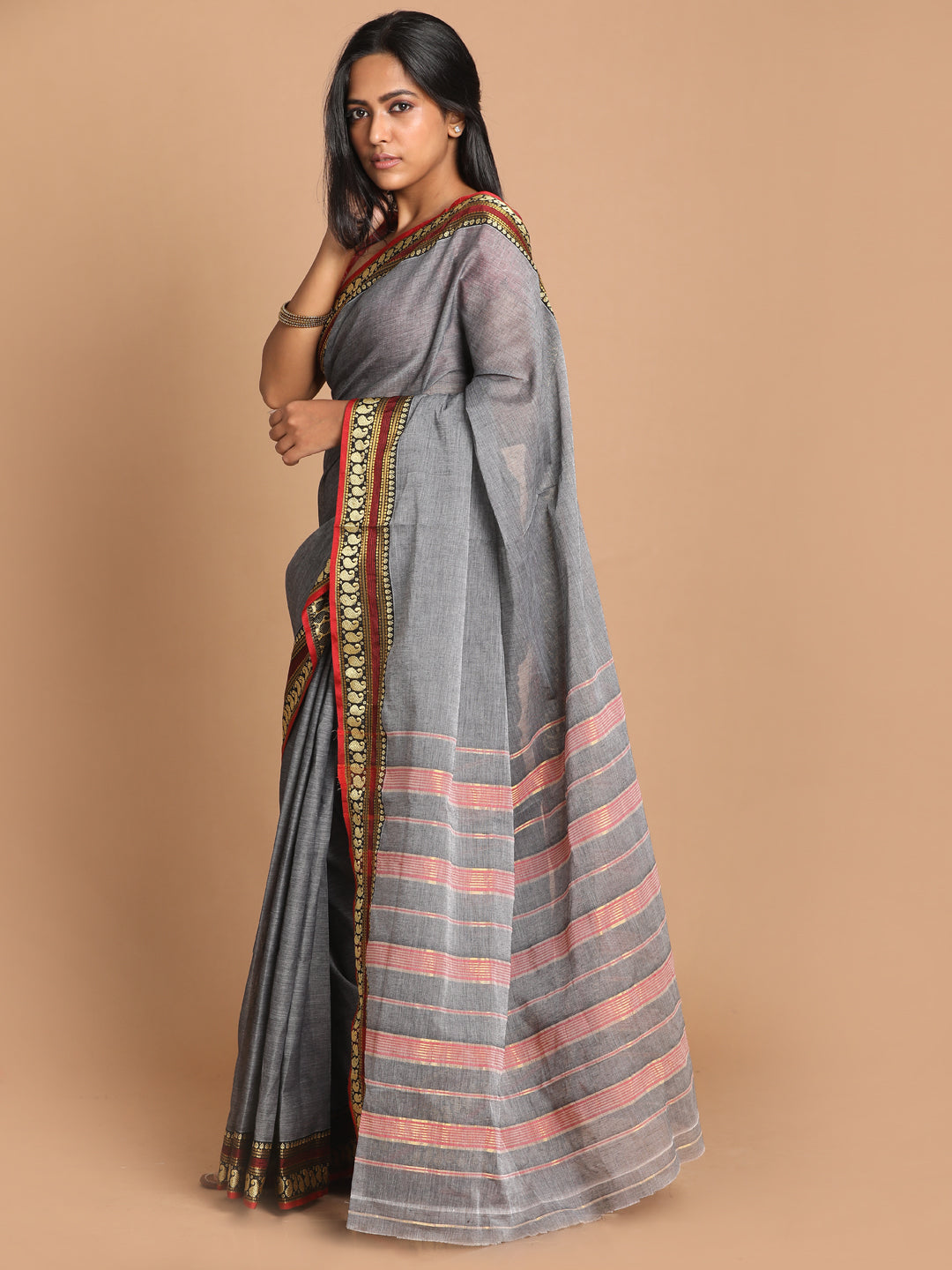 Indethnic Grey Pure Cotton Solid Saree - View 2