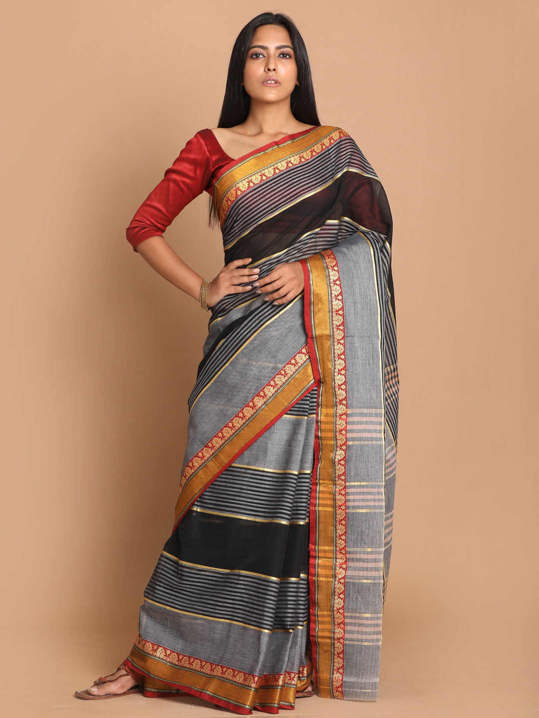 Indethnic Grey Pure Cotton Woven Design Saree - View 1