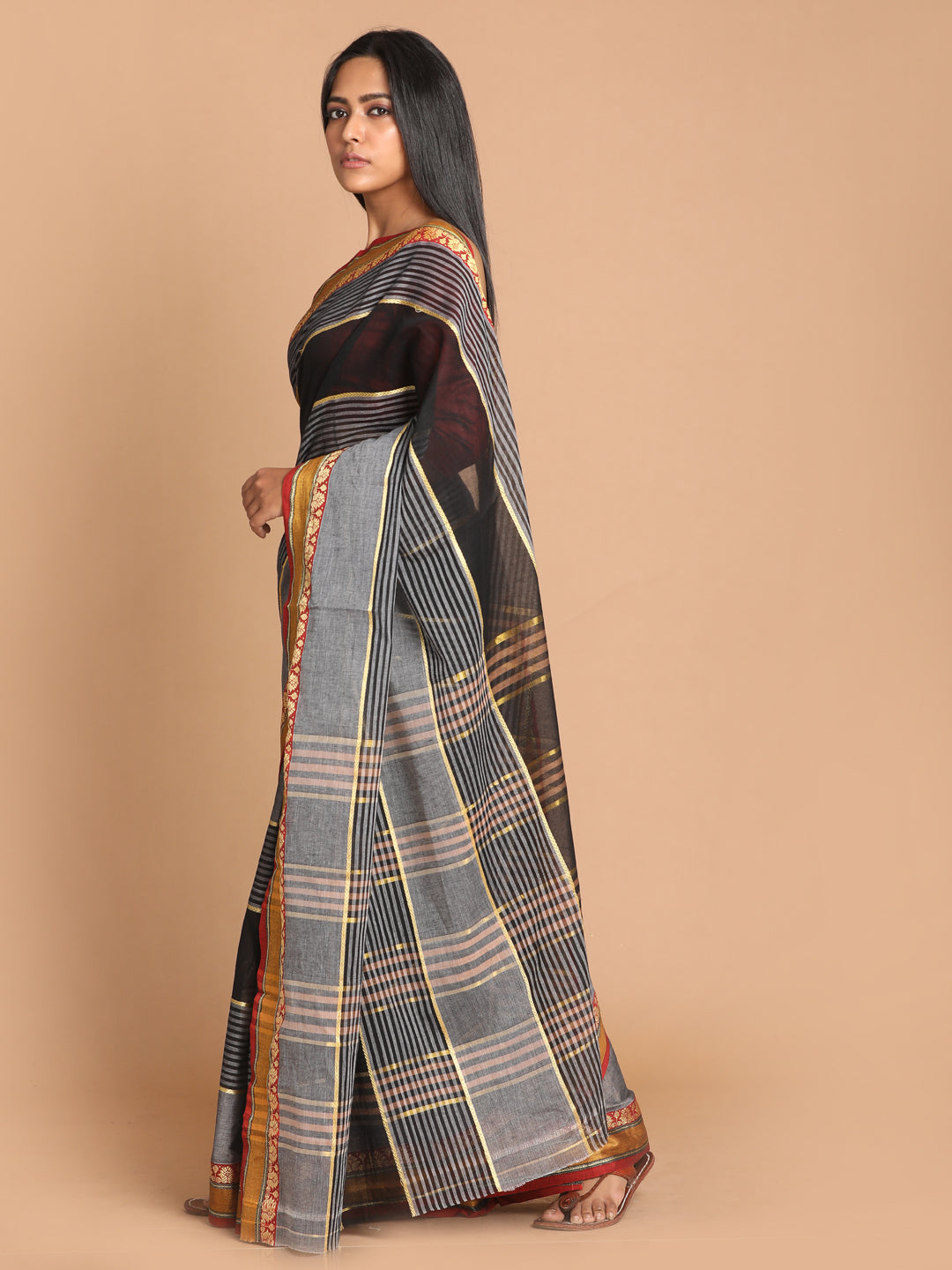 Indethnic Grey Pure Cotton Woven Design Saree - View 2