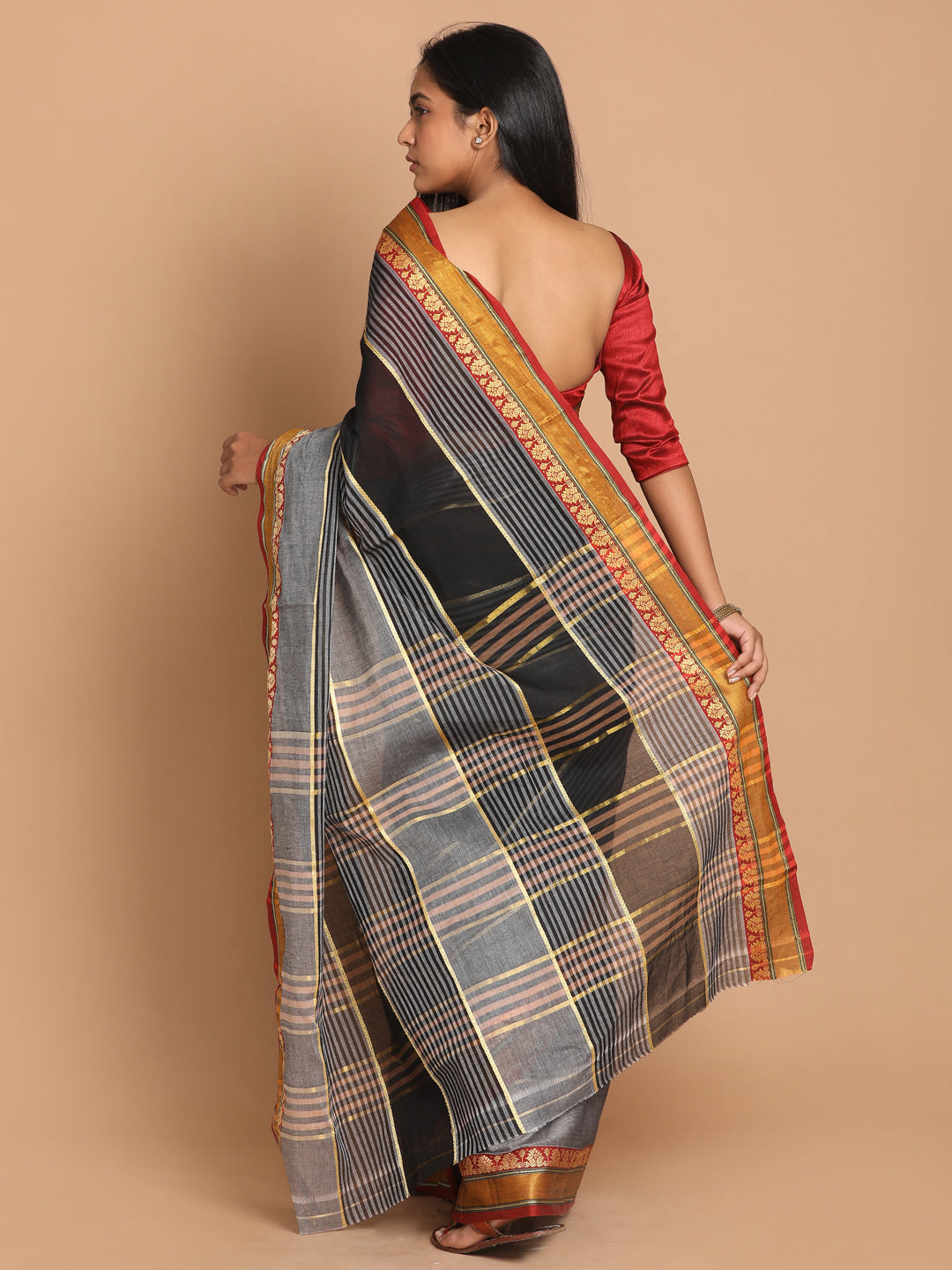 Indethnic Grey Pure Cotton Woven Design Saree - View 3