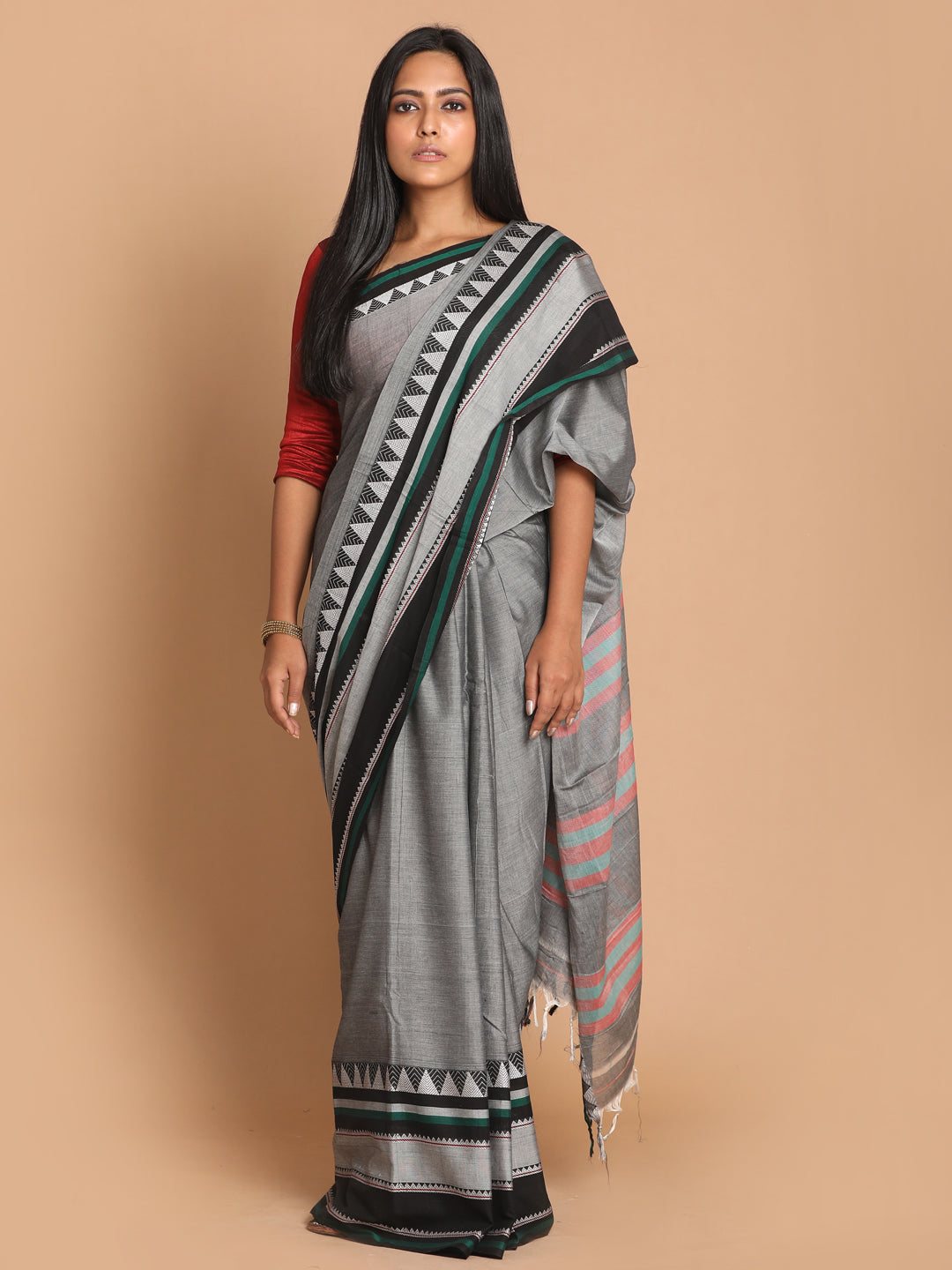 Indethnic Grey Pure Cotton Solid Saree - View 1