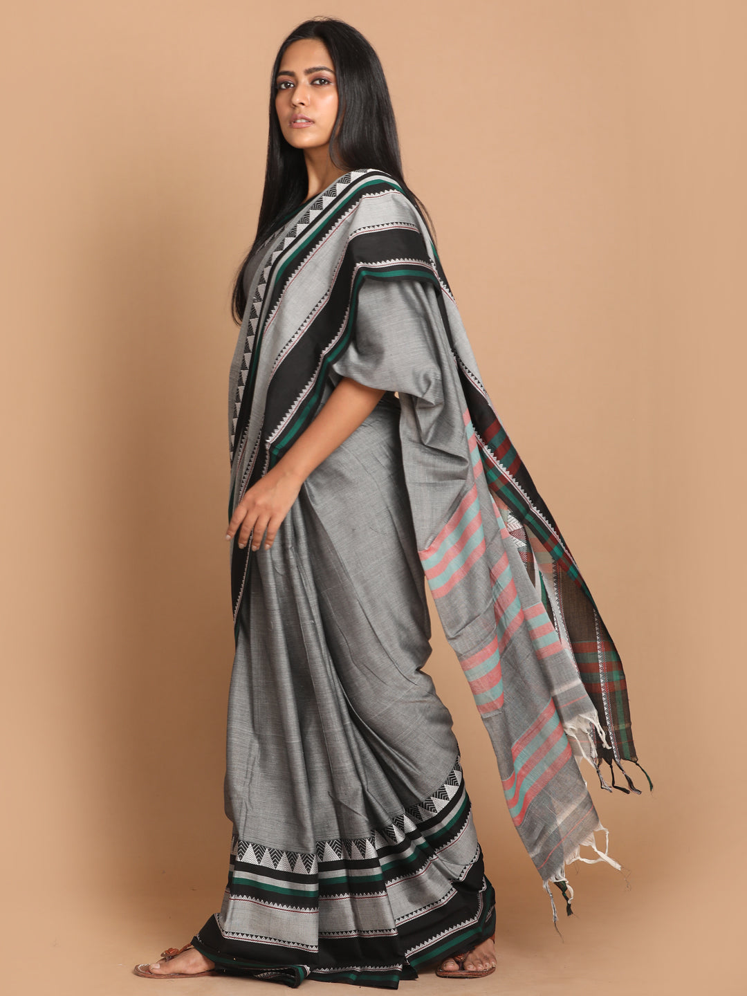 Indethnic Grey Pure Cotton Solid Saree - View 2