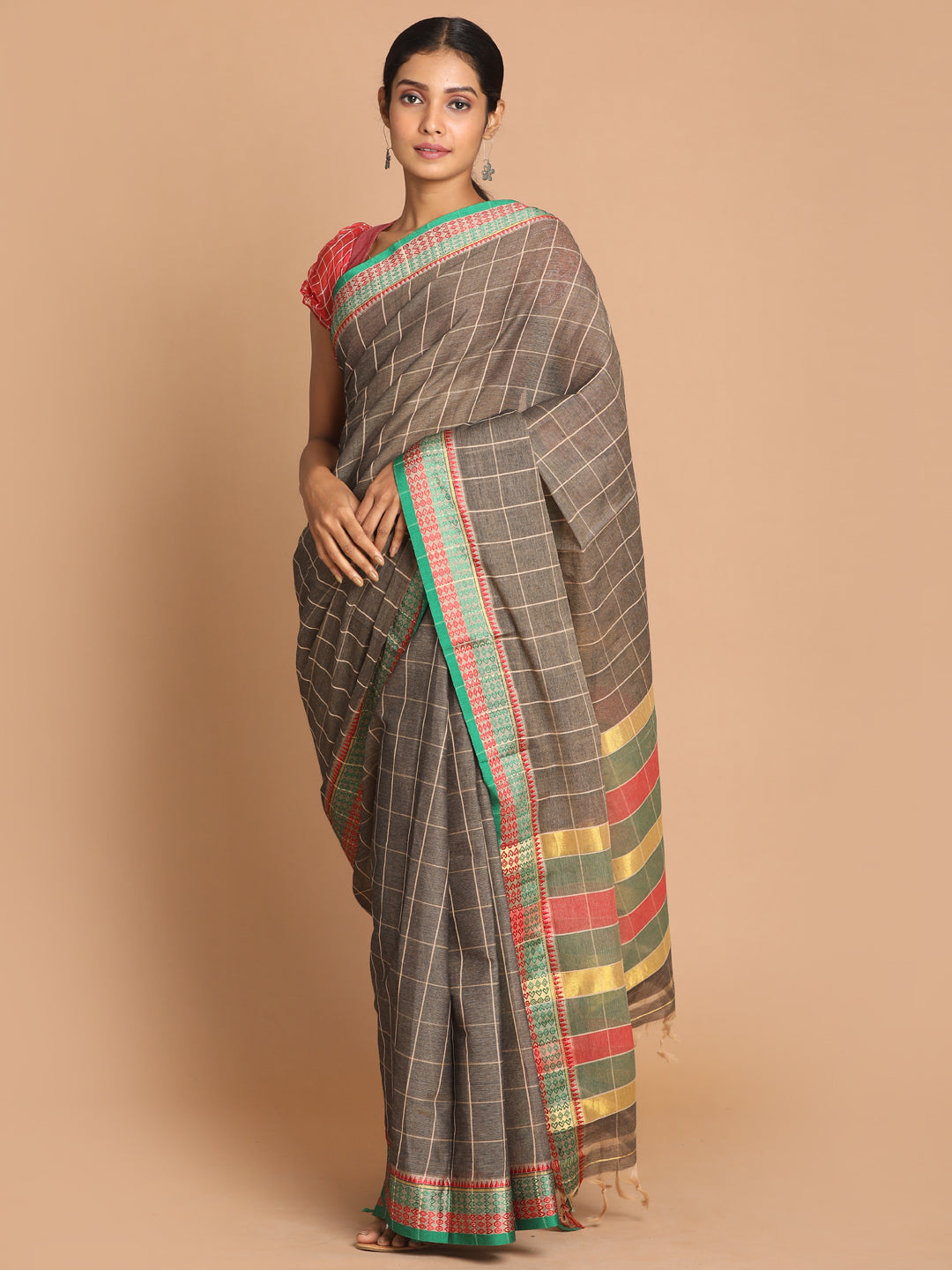 Indethnic Grey Pure Cotton Checked Saree - View 1