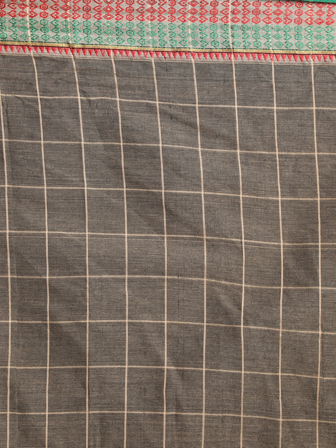 Indethnic Grey Pure Cotton Checked Saree - Saree Detail View