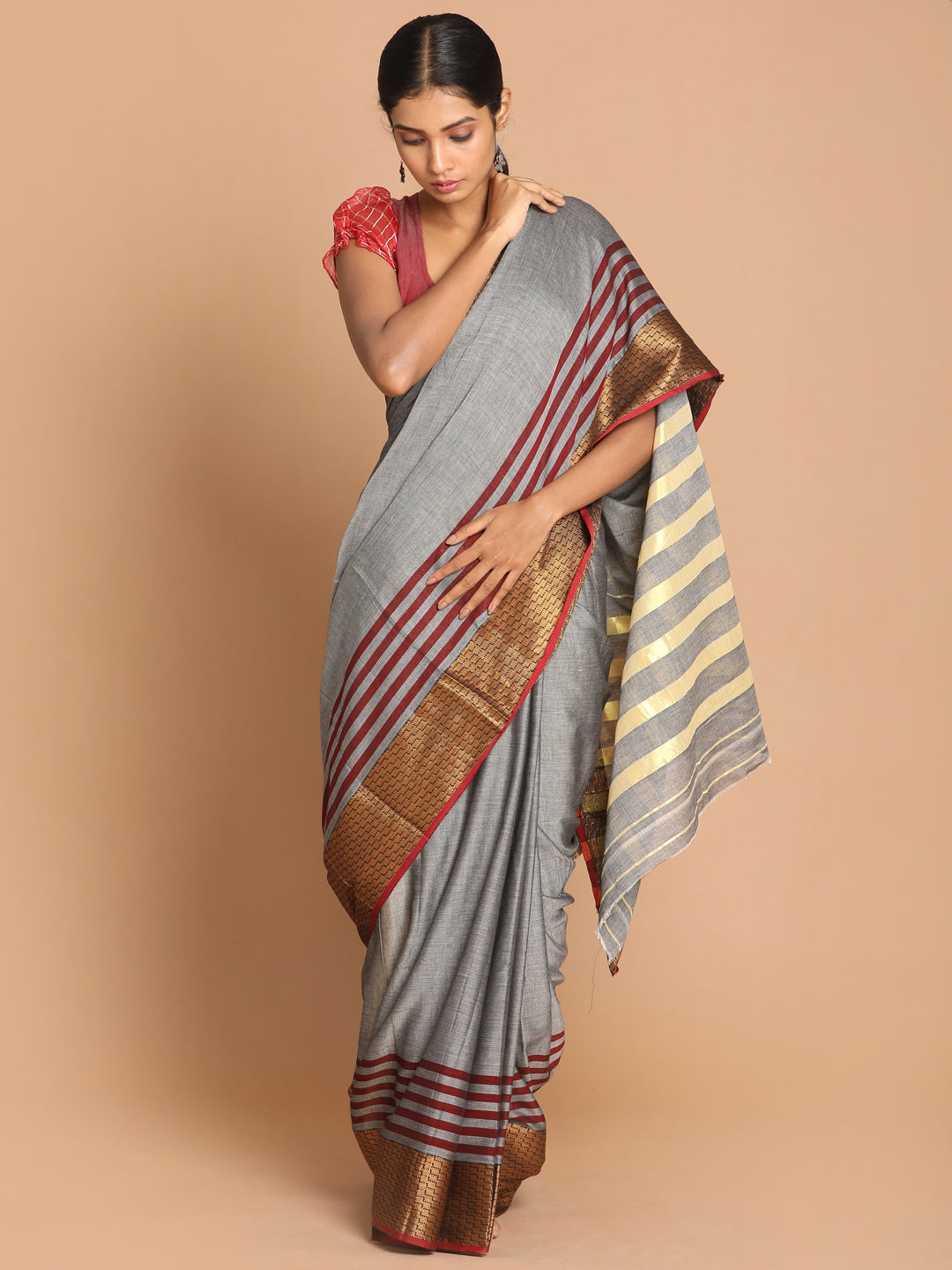 Indethnic Grey Pure Cotton Solid Saree - View 1