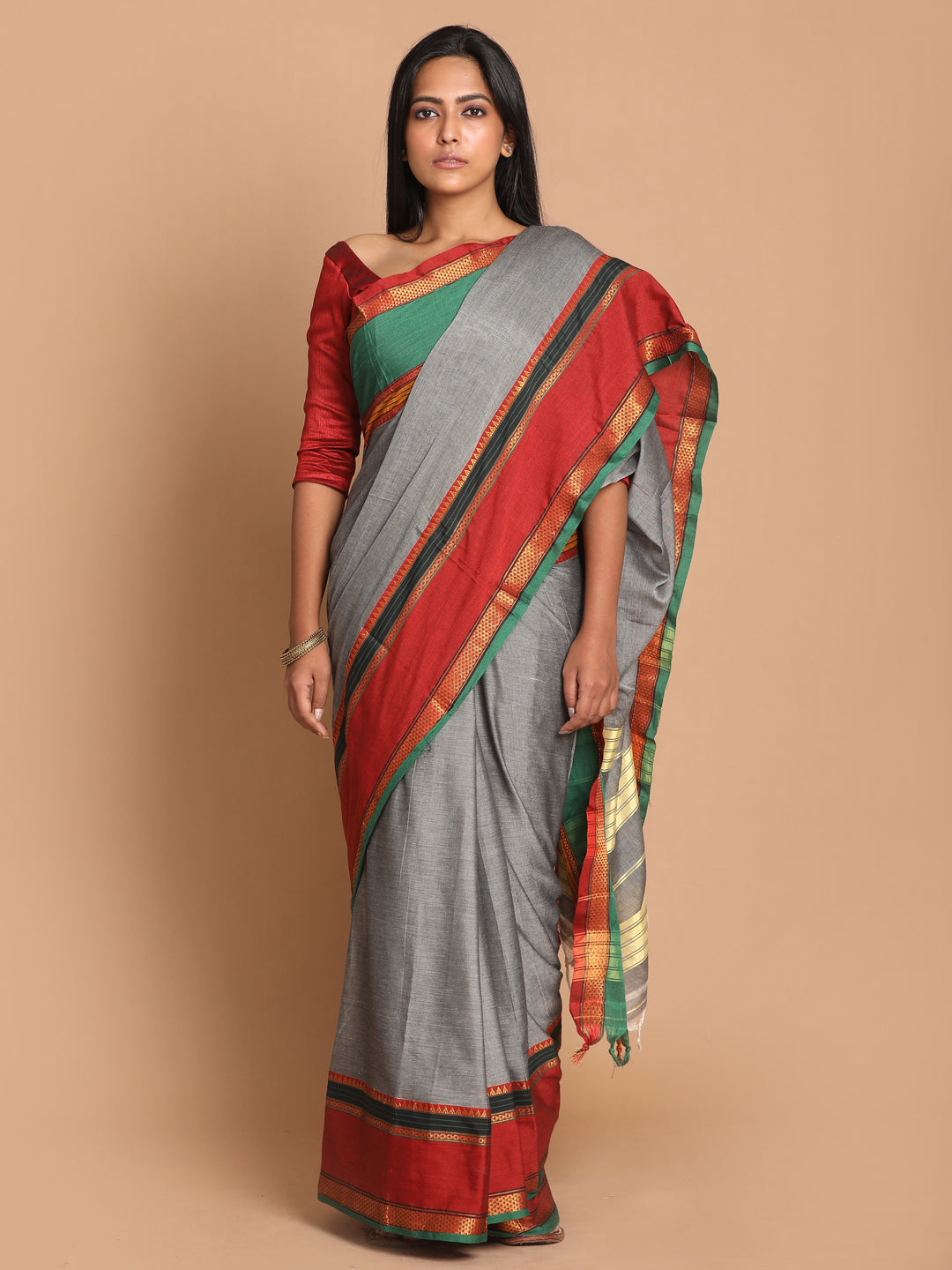 Indethnic Grey Pure Cotton Solid Saree - View 1