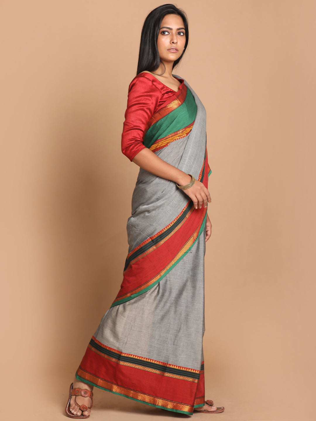 Indethnic Grey Pure Cotton Solid Saree - View 2