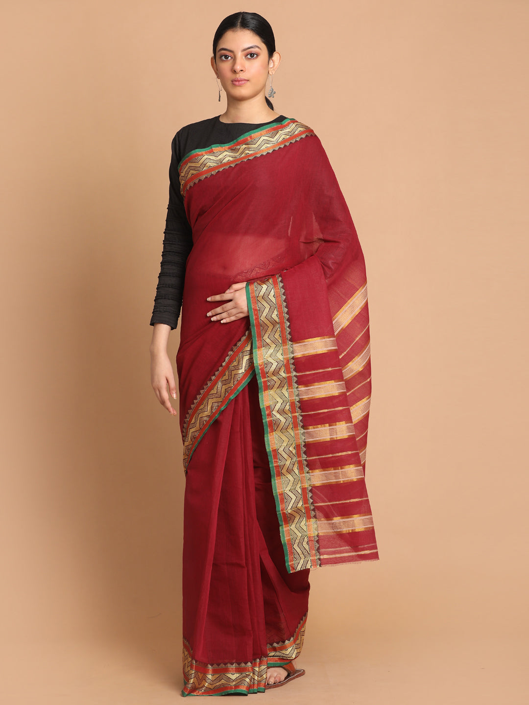 Indethnic Maroon Pure Cotton Solid Saree - View 1
