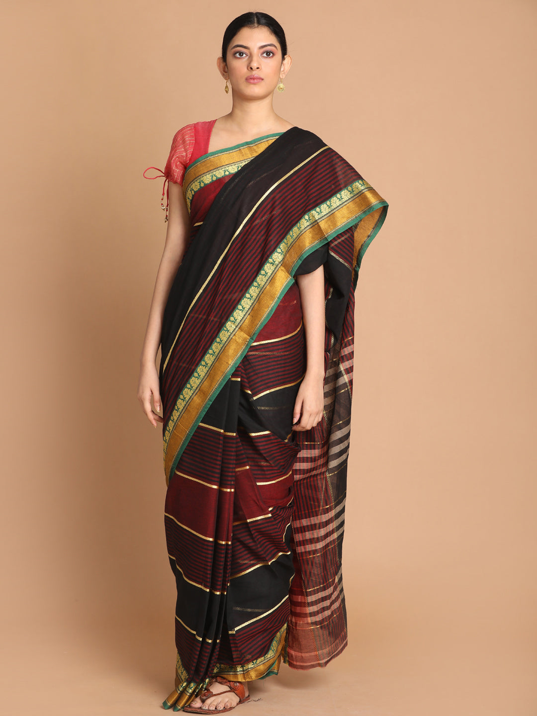 Indethnic Maroon Pure Cotton Woven Design Saree - View 1