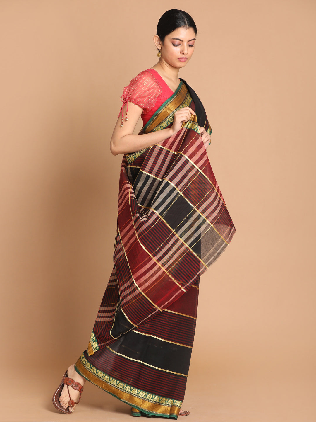 Indethnic Maroon Pure Cotton Woven Design Saree - View 2